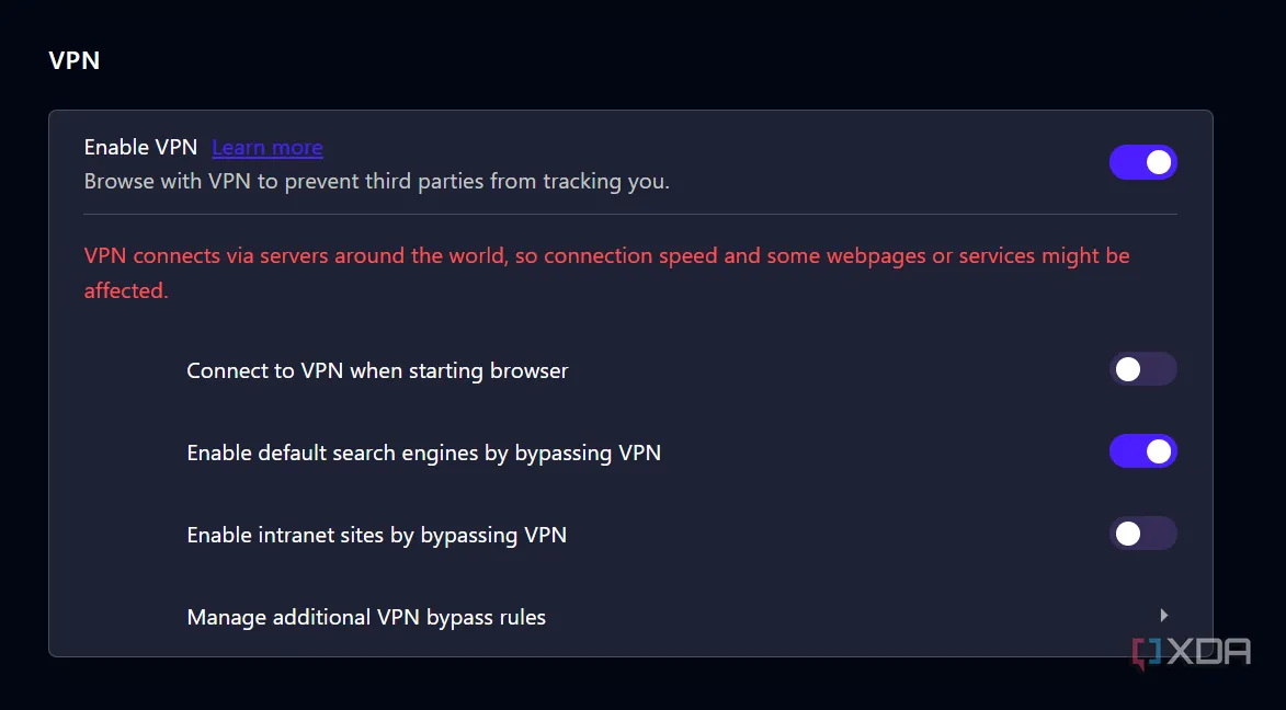Giao diện Opera đang hiển thị tùy chọn bật VPN miễn phí để bảo vệ quyền riêng tư
