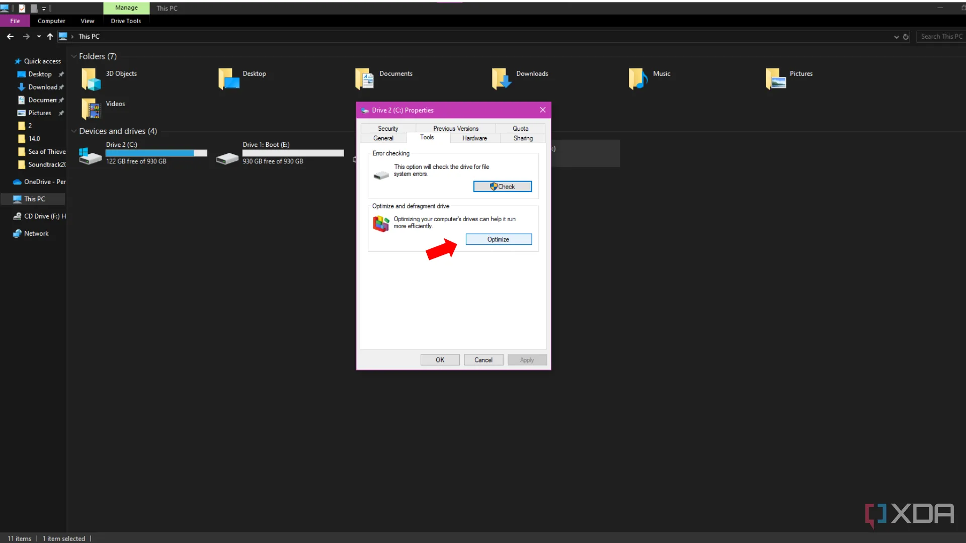 Giao diện Optimize Drives của Windows với nút Optimize được chọn