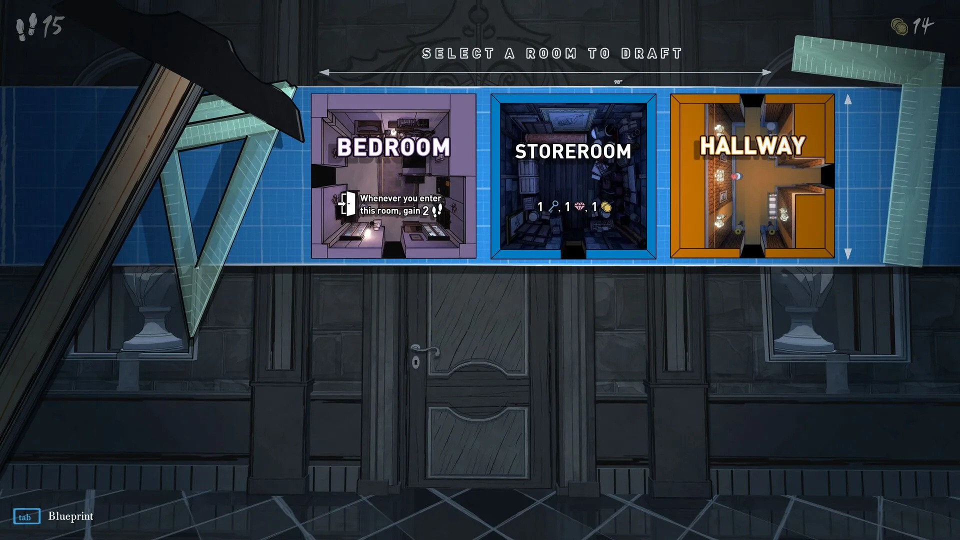 Giao diện phác thảo phòng mới trong game Blue Prince, thể hiện lối chơi độc đáo.