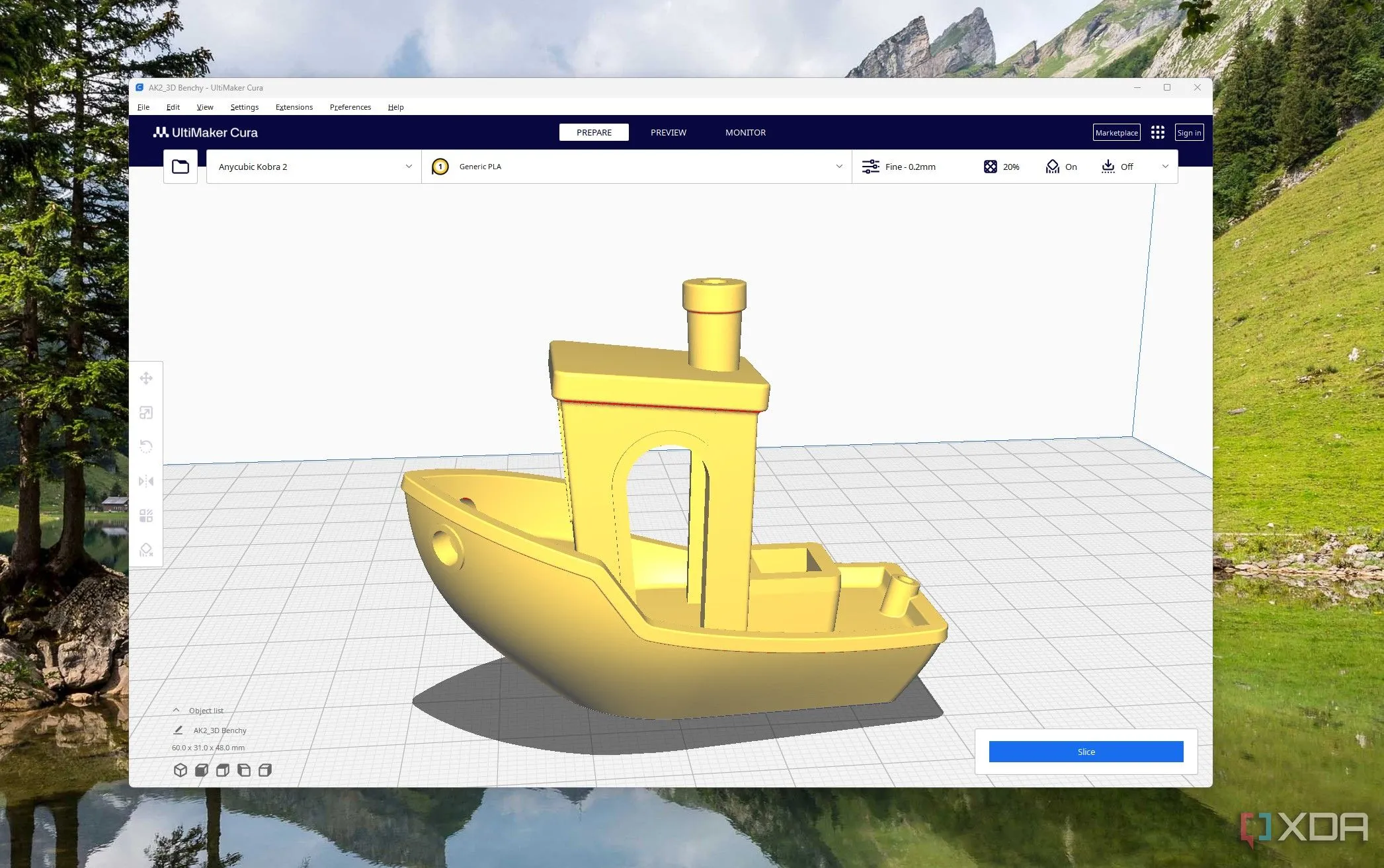 Giao diện phần mềm Cura đang cắt lát mô hình thuyền Benchy cho in 3D