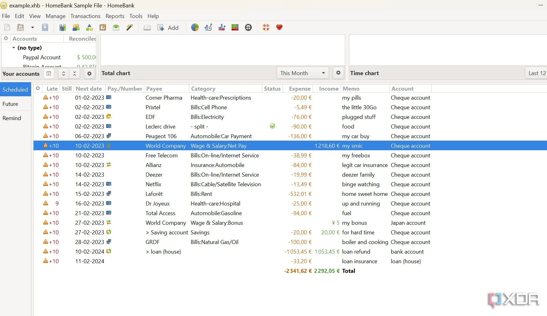 Giao diện phần mềm HomeBank hiển thị các khoản thanh toán định kỳ và ngân sách cá nhân