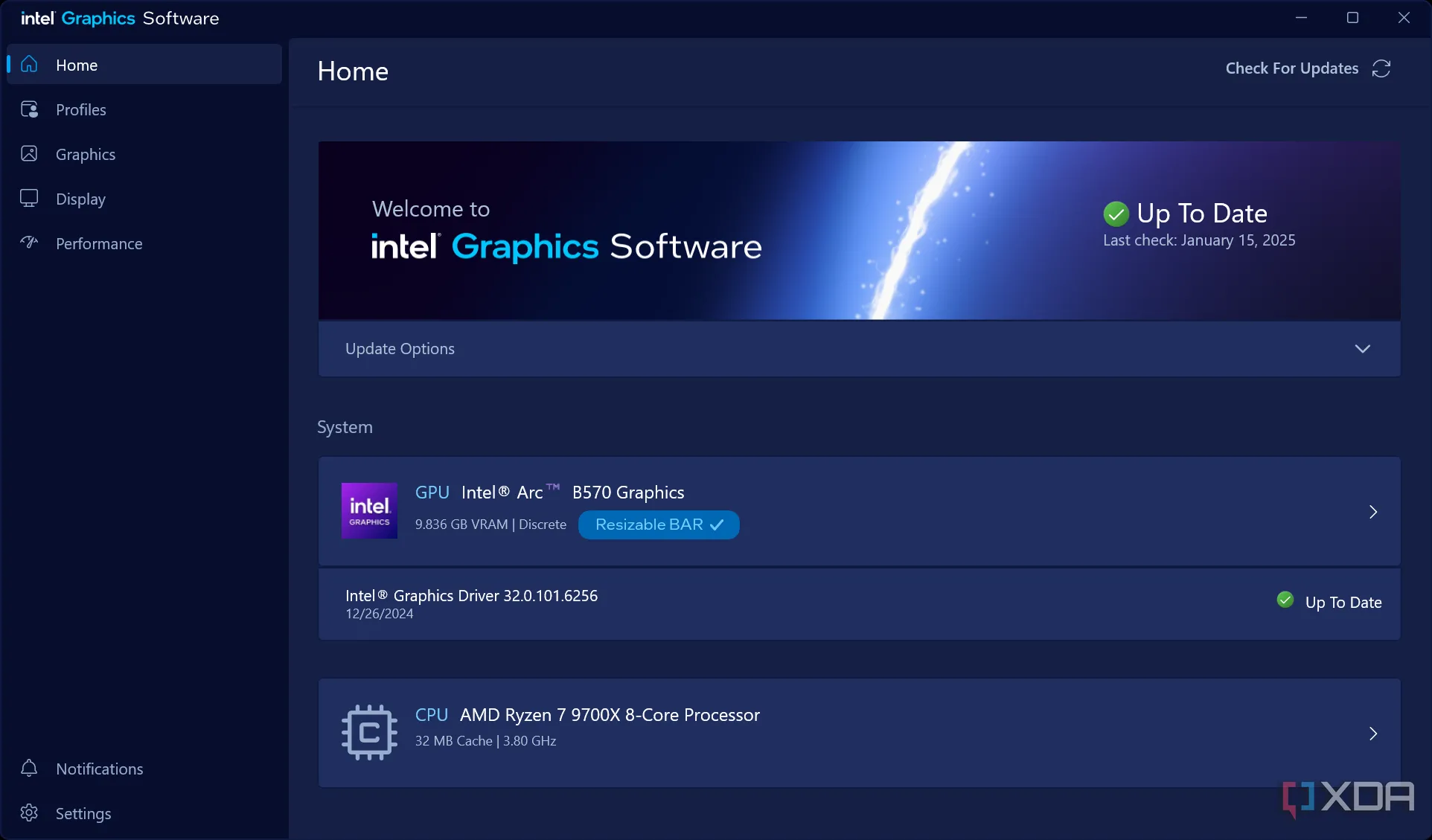 Giao diện phần mềm Intel Graphics Software hiển thị các tùy chỉnh và thông số GPU