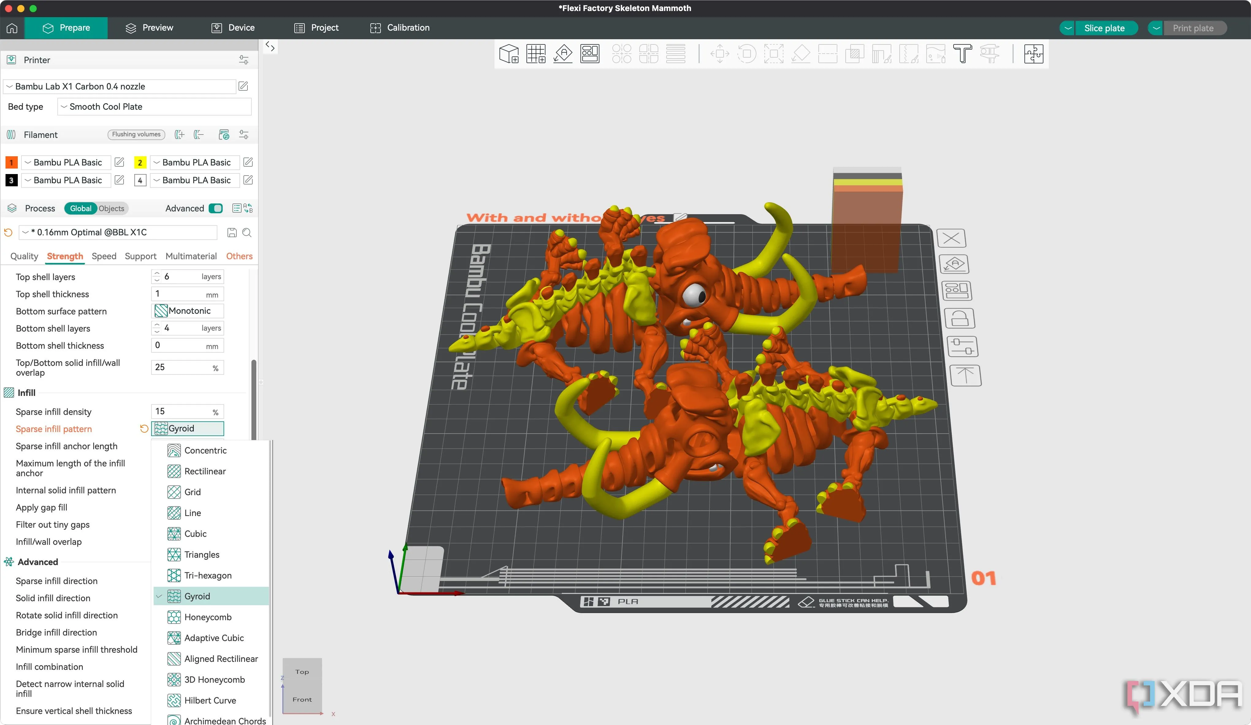 Giao diện phần mềm Orca Slicer hiển thị các cài đặt độ dày lớp (infill settings) cho mô hình in 3D