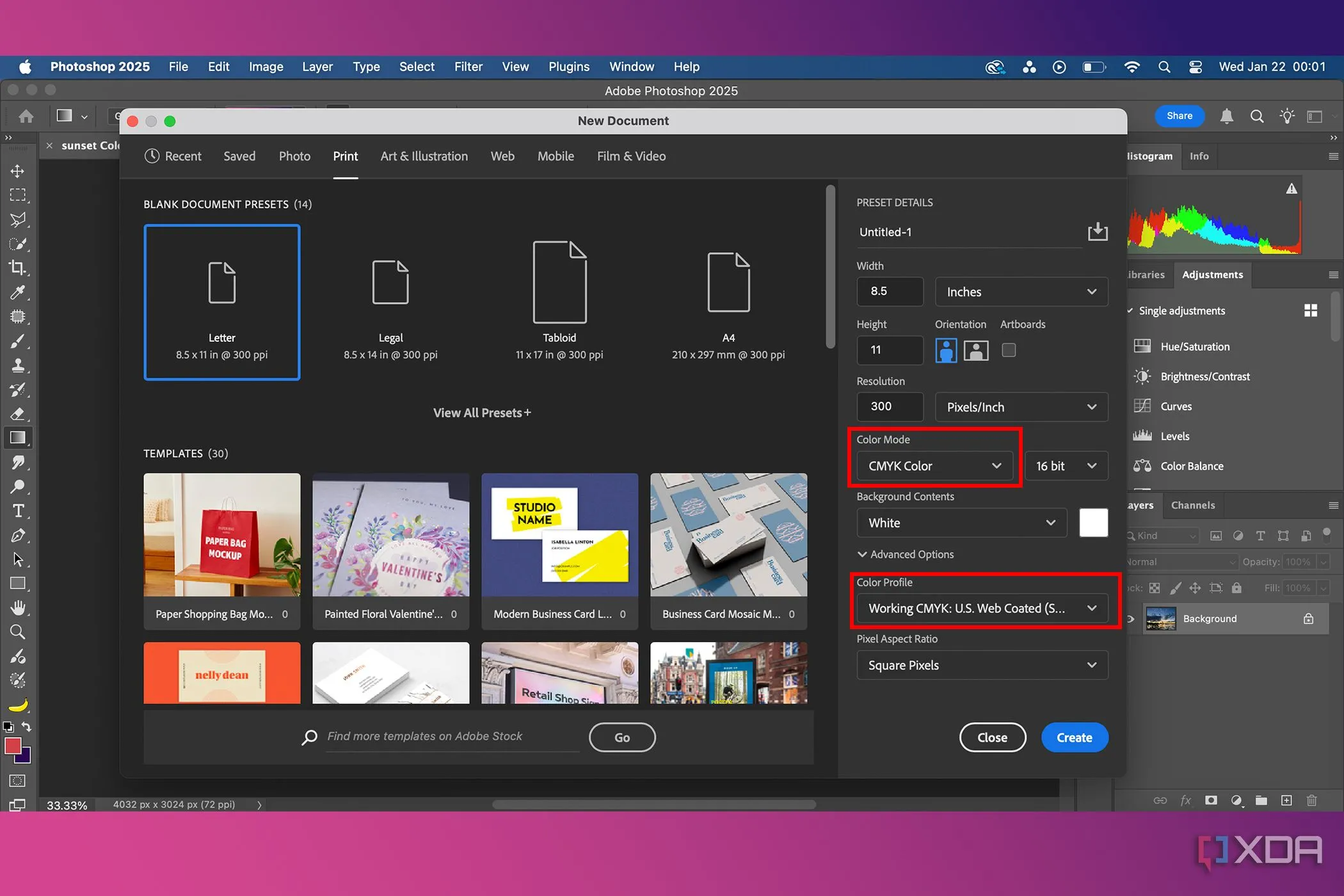 Giao diện Photoshop hiển thị cài đặt cấu hình màu CMYK, làm nổi bật khả năng hỗ trợ màu sắc chuyên nghiệp cho in ấn.