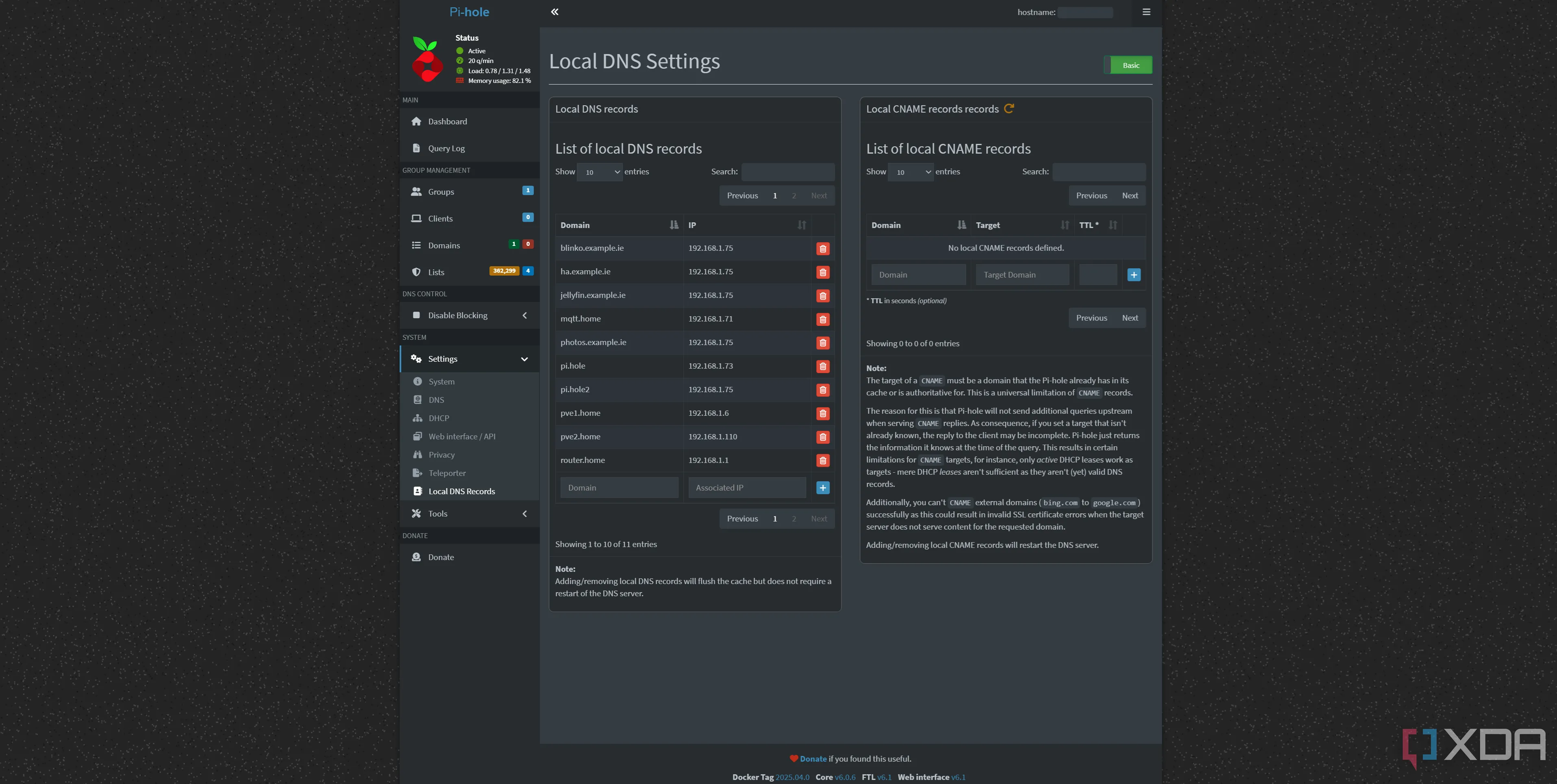 Giao diện Pi-hole cấu hình ghi đè DNS cục bộ cho các dịch vụ tự host