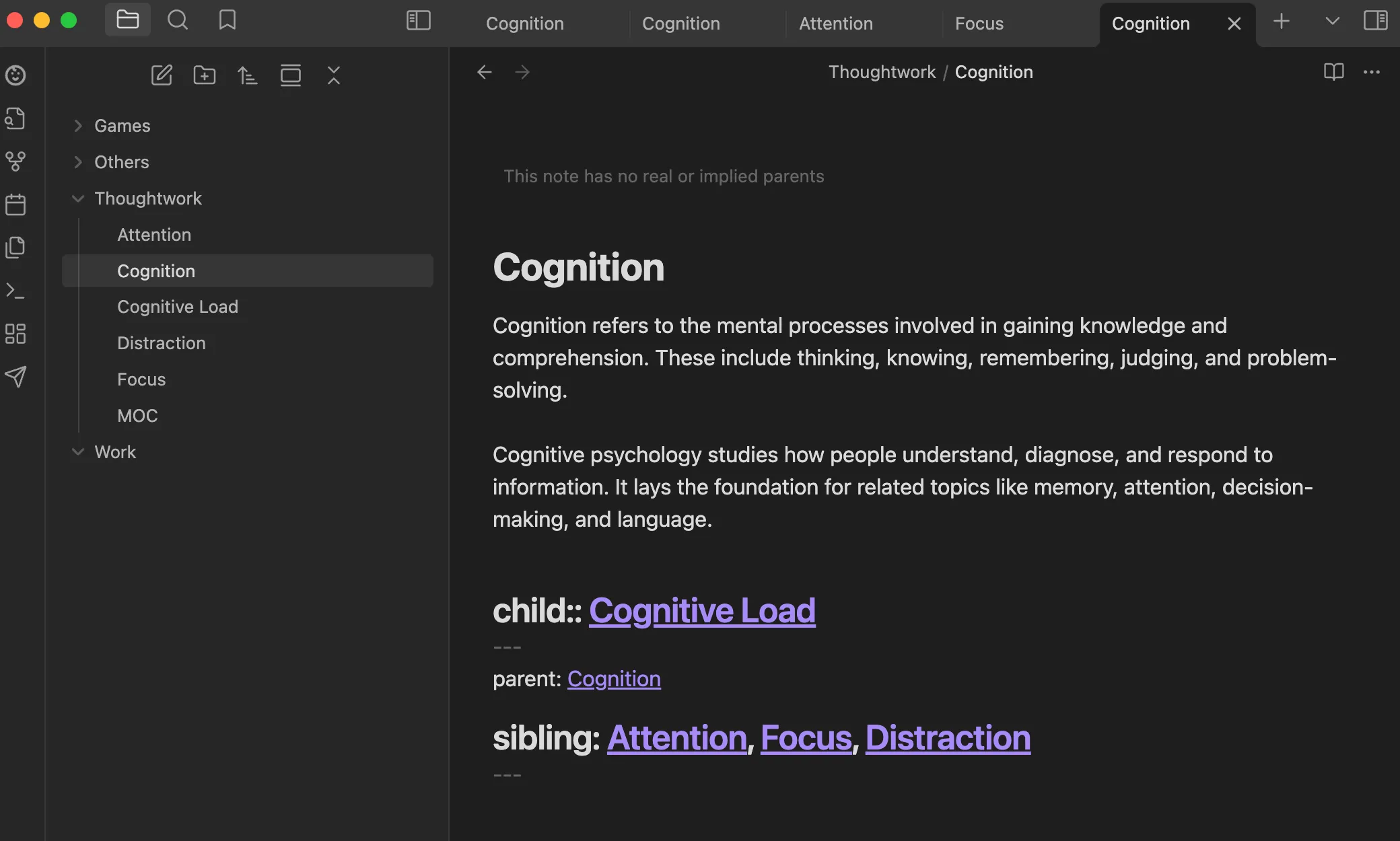 Giao diện plugin Breadcrumbs hiển thị cấu trúc mối quan hệ giữa các ghi chú trong Obsidian