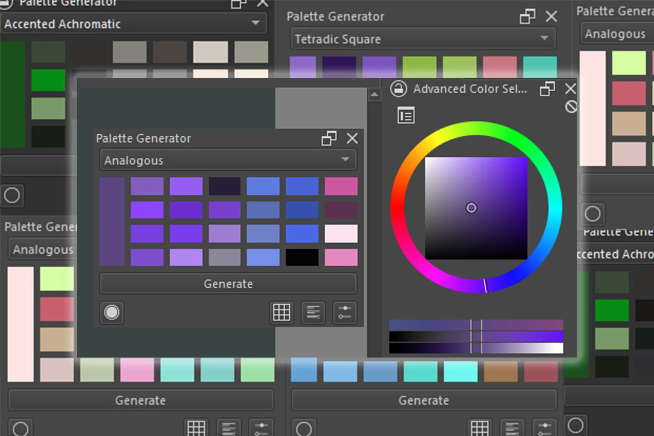 Giao diện plugin Palette Generator của Krita, cho phép người dùng tự động tạo bảng màu với nhiều sắc thái và tông màu khác nhau từ một màu gốc.