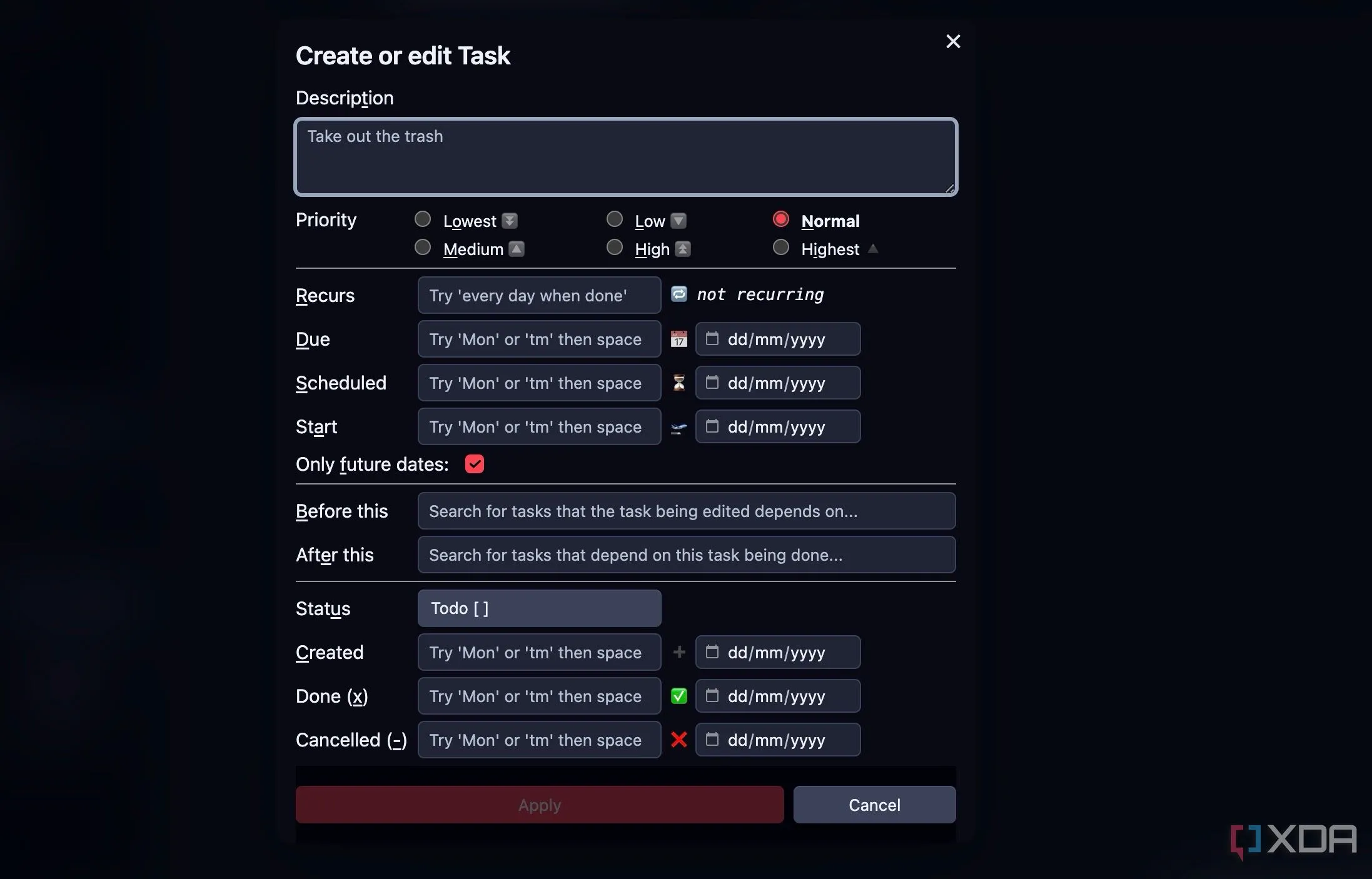 Giao diện plugin Tasks trong Obsidian cho phép quản lý công việc chi tiết