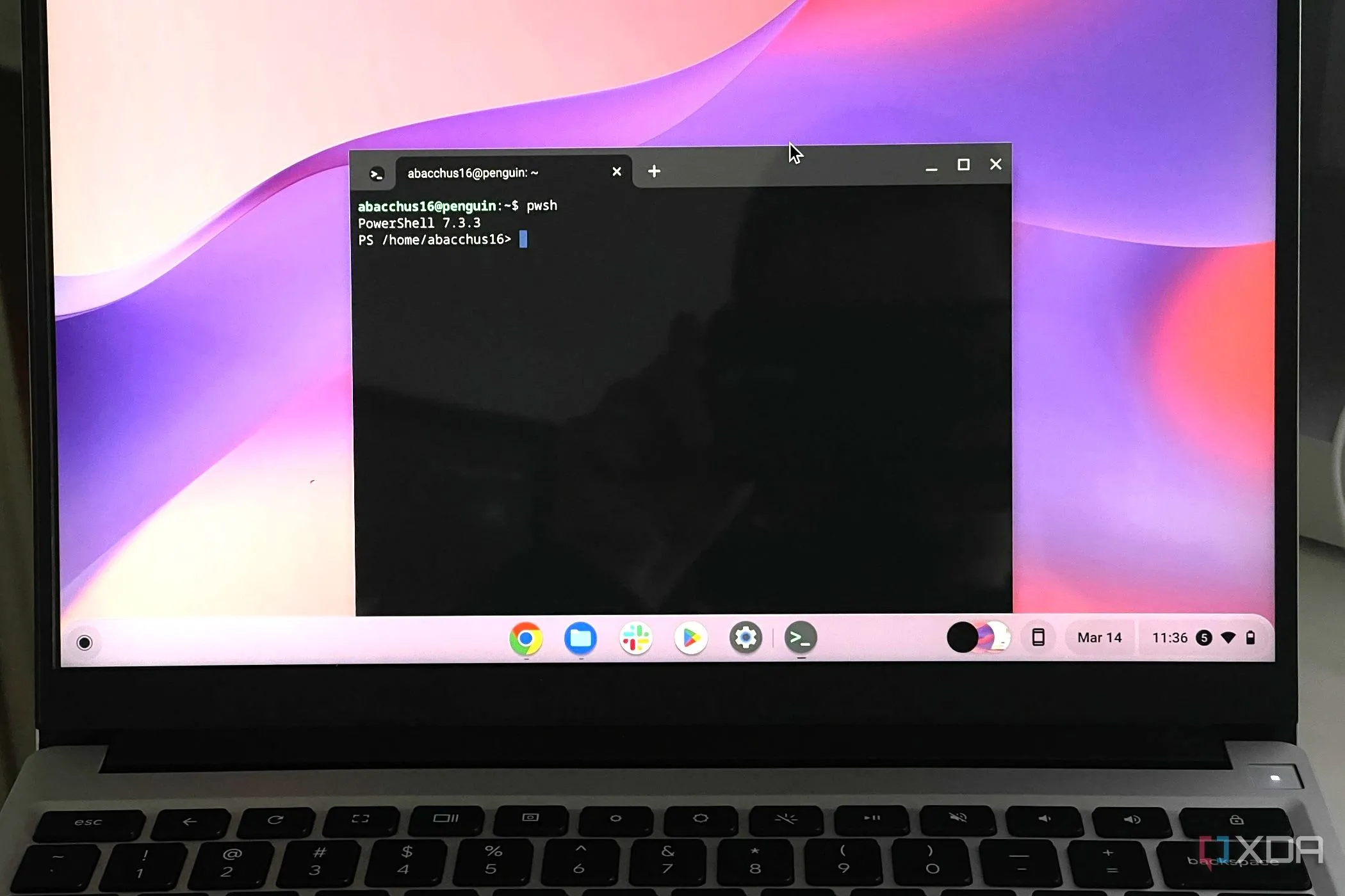 Giao diện PowerShell đang hoạt động trên hệ điều hành ChromeOS, minh họa khả năng tương thích đa nền tảng của PowerShell.