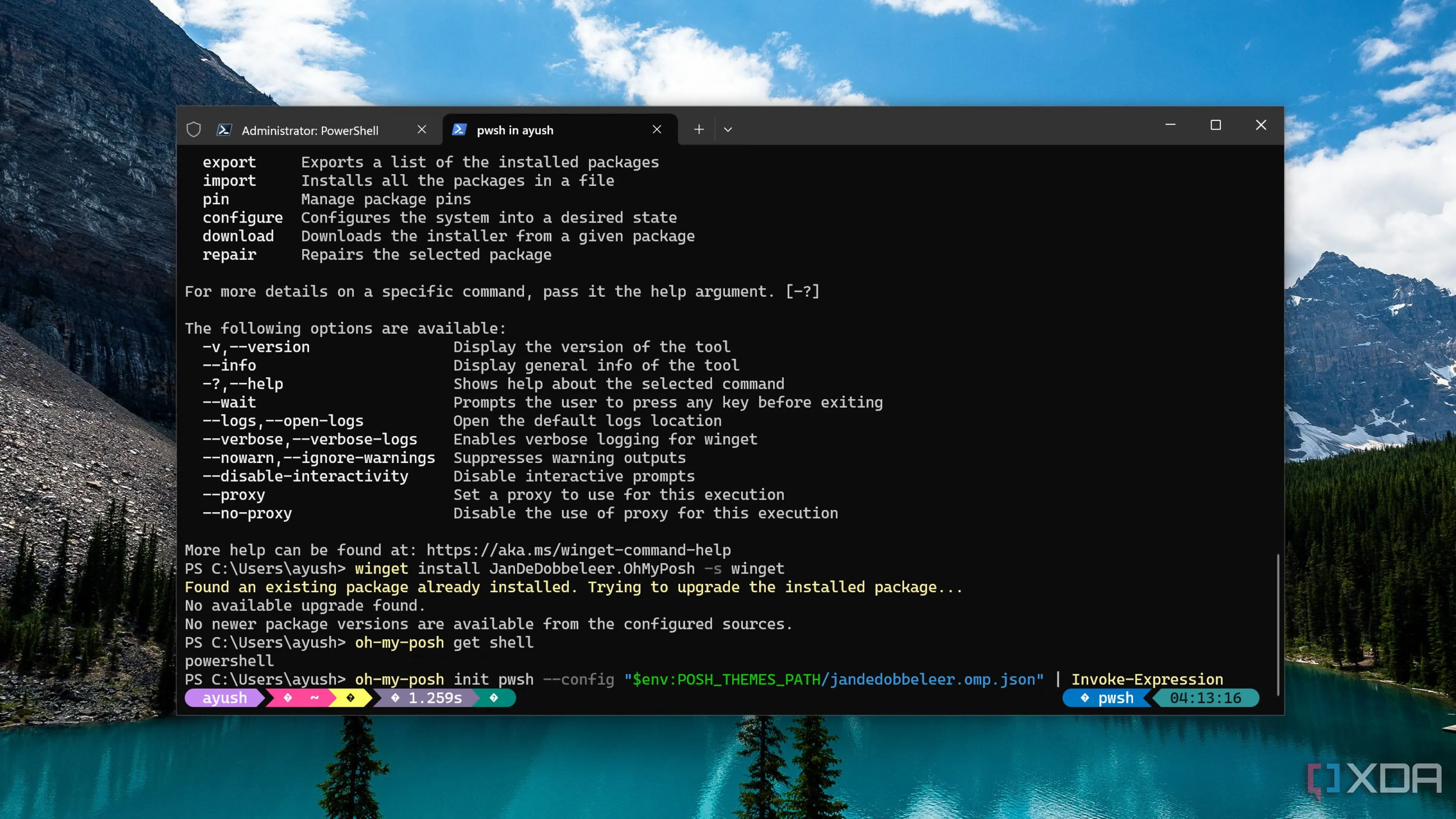Giao diện PowerShell được cá nhân hóa với module Oh-my-posh, hiển thị màu sắc và biểu tượng