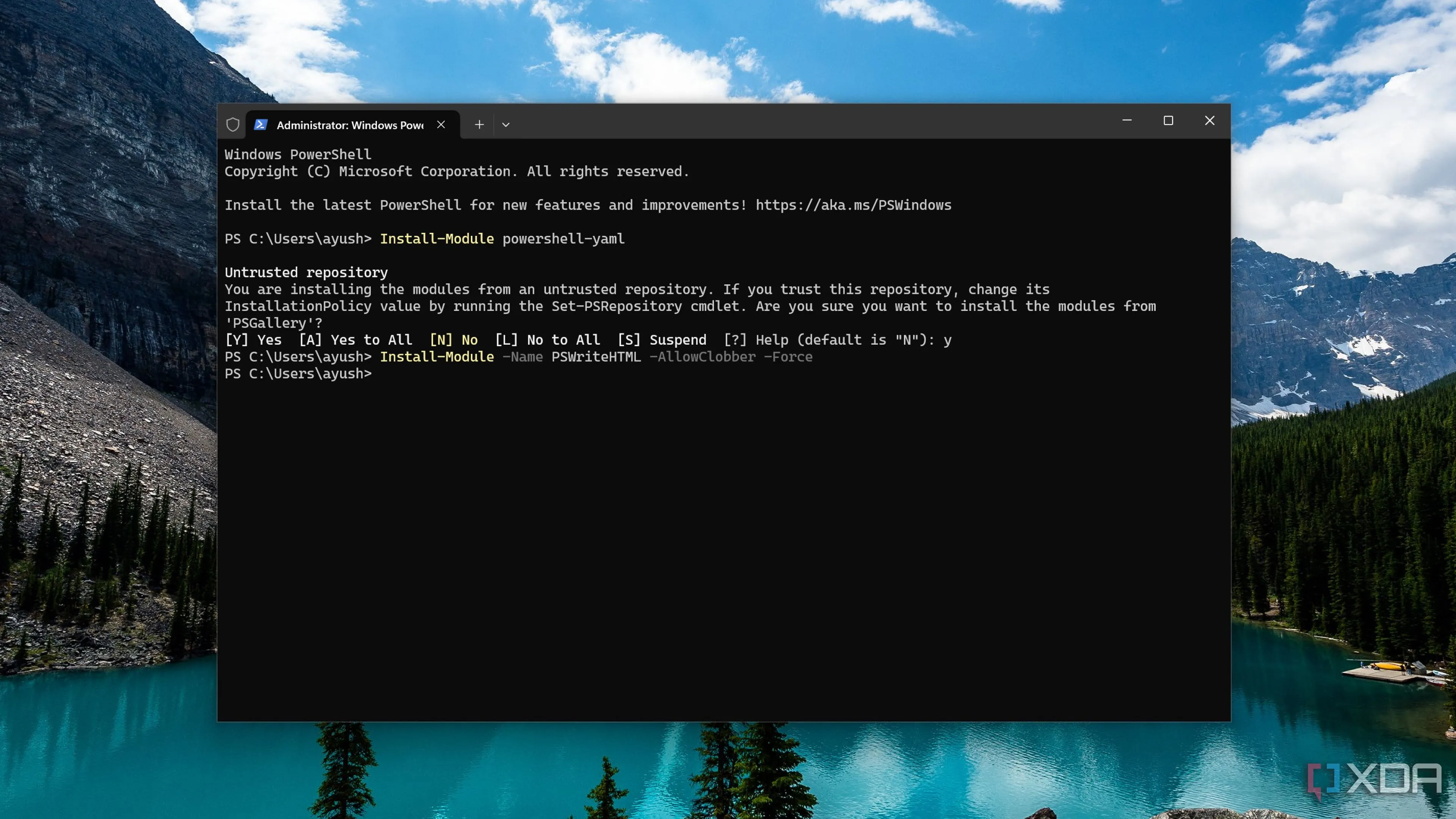 Giao diện PowerShell hiển thị hoạt động của module powershell-yaml