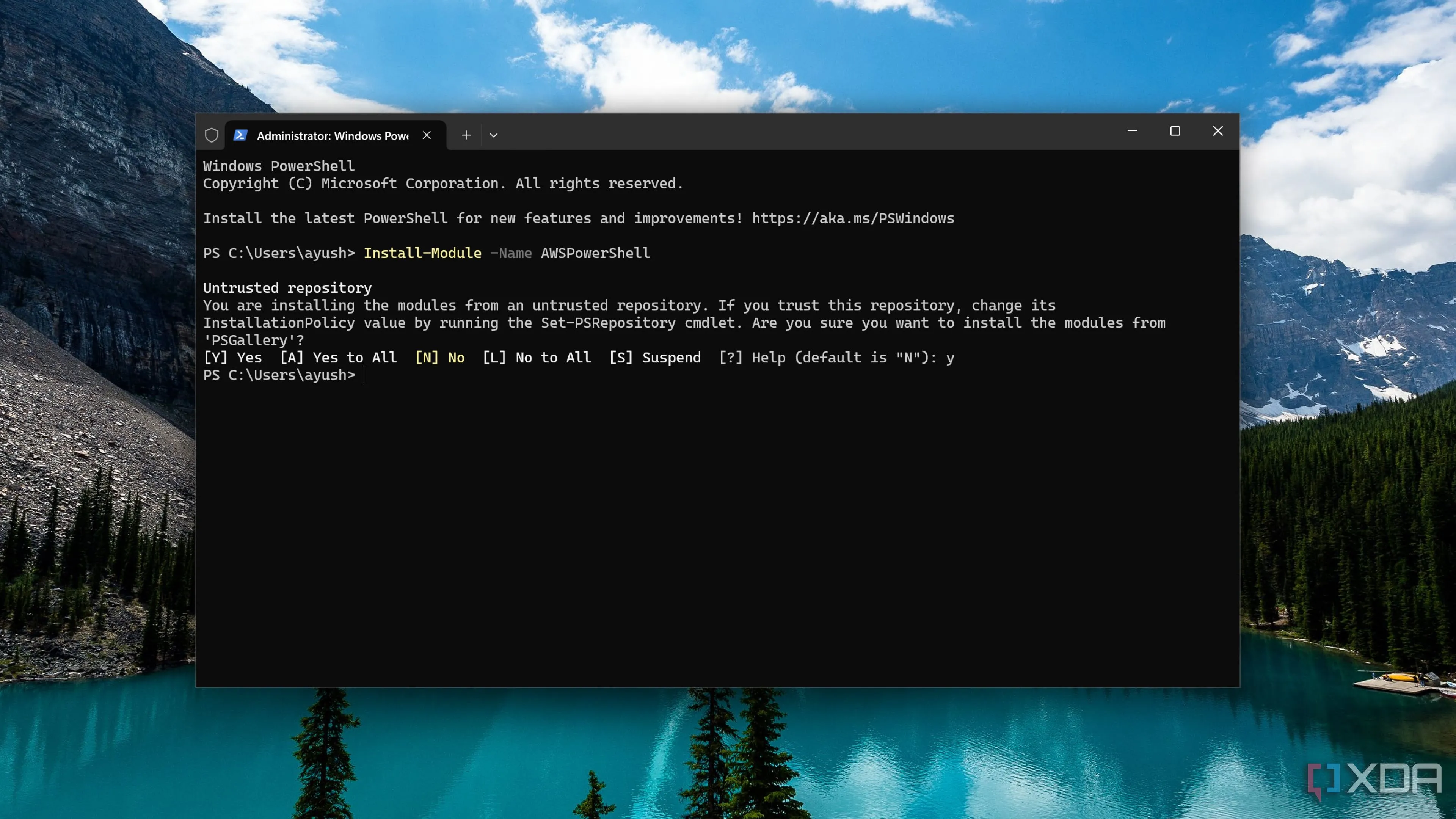Giao diện PowerShell hiển thị quá trình cài đặt module AWSPowerShell để quản lý dịch vụ đám mây AWS