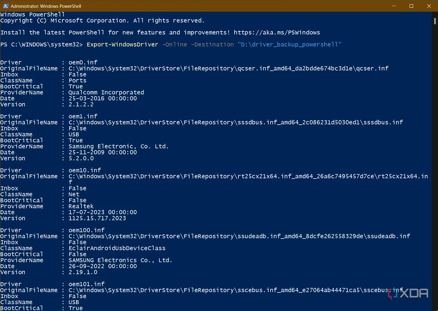 Giao diện PowerShell thể hiện quá trình sao lưu driver, minh họa khả năng tương tác với các dịch vụ của Microsoft