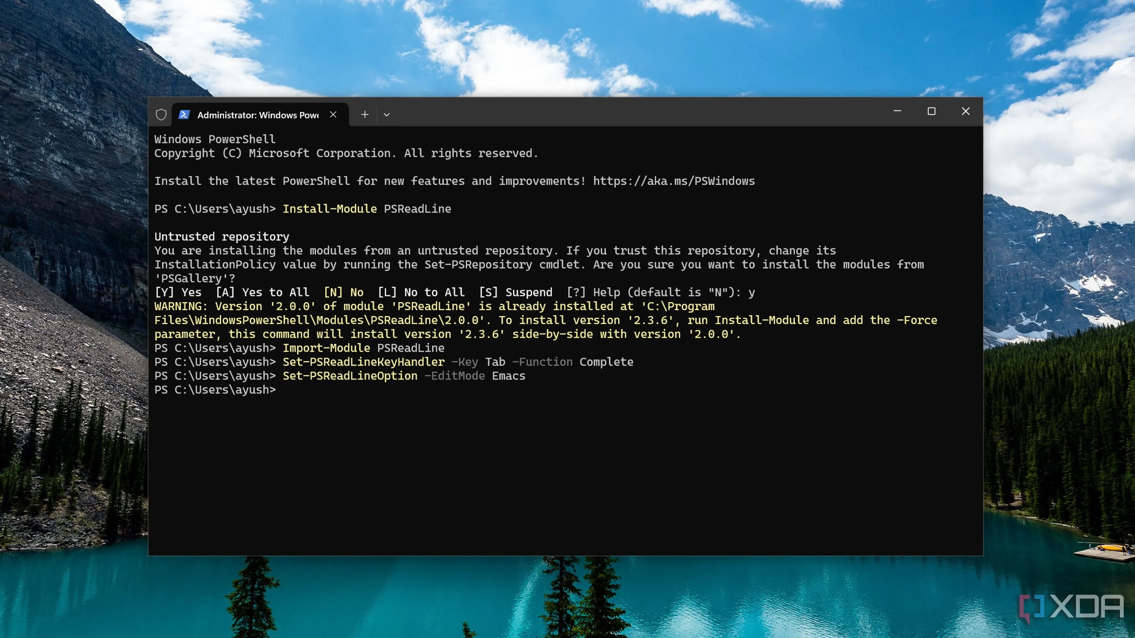 Giao diện PowerShell với tính năng tự động hoàn thành từ module PSReadLine đang hoạt động