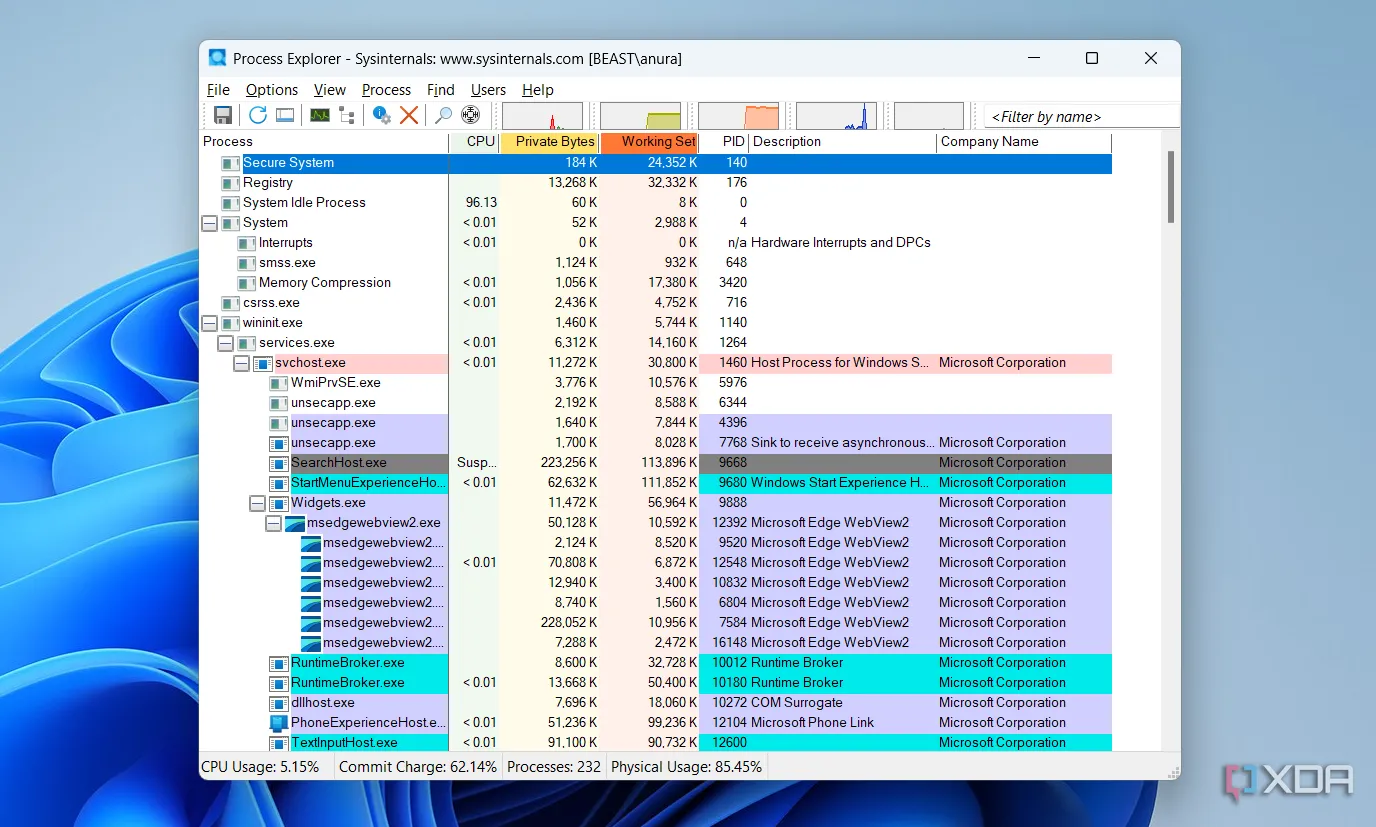 Giao diện Process Explorer của Sysinternals với các tiến trình được mã hóa màu sắc để dễ dàng theo dõi.