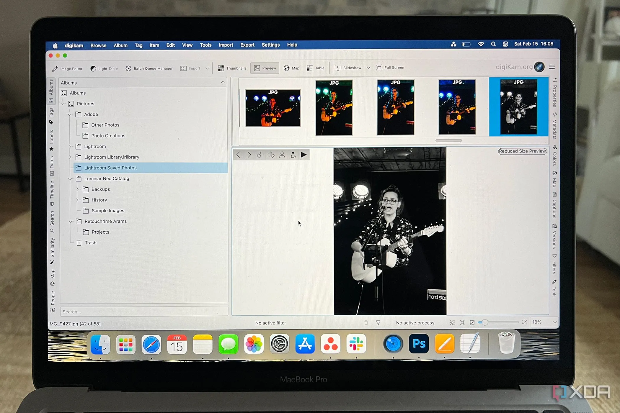 Giao diện quản lý ảnh của DigiKam hiển thị các album và ảnh được chọn, minh họa khả năng sắp xếp và tổ chức thư viện ảnh