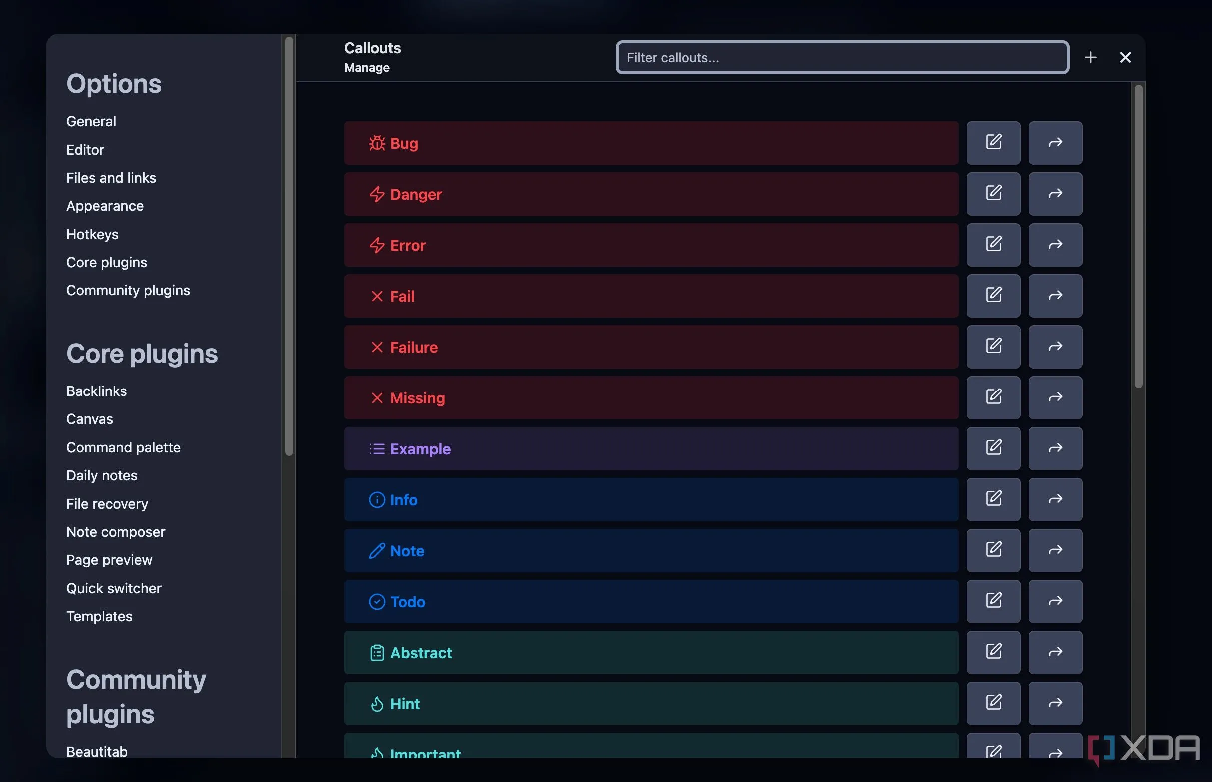 Giao diện quản lý và tạo Callout tùy chỉnh trong Obsidian với Callout Manager
