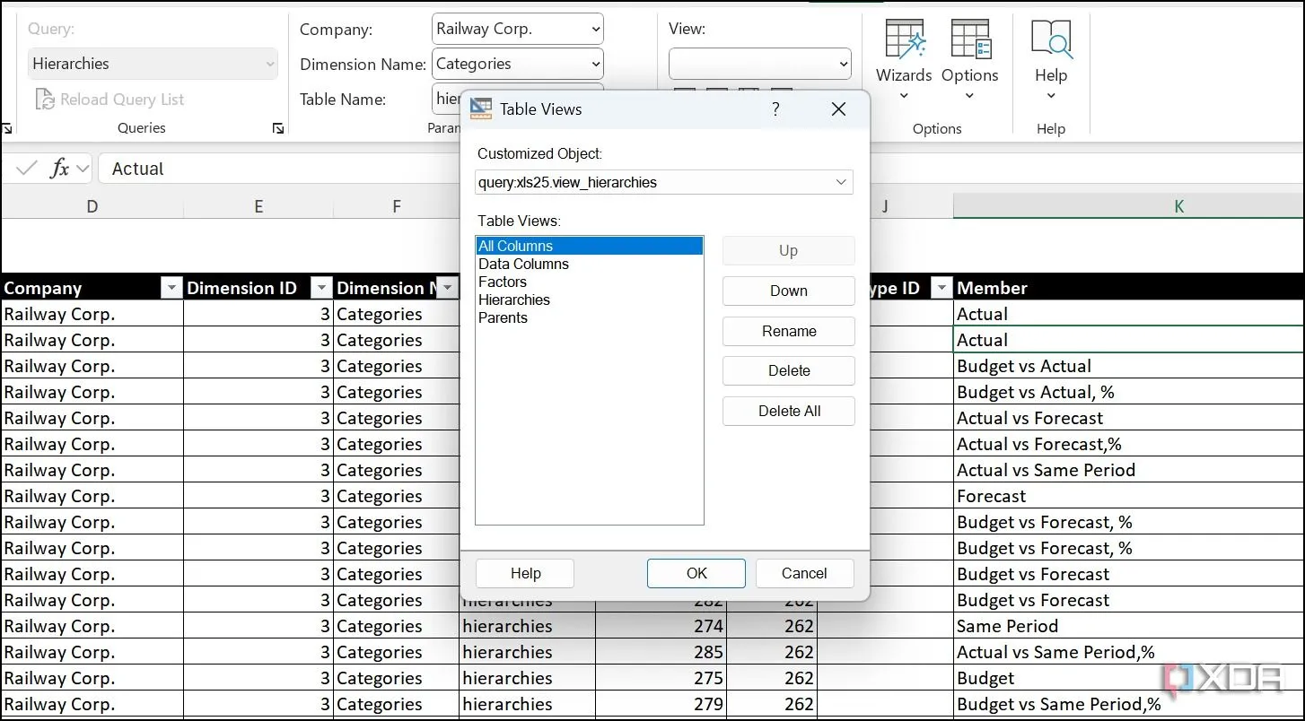 Giao diện SaveToDB hiển thị các chế độ xem bảng trực tiếp từ database