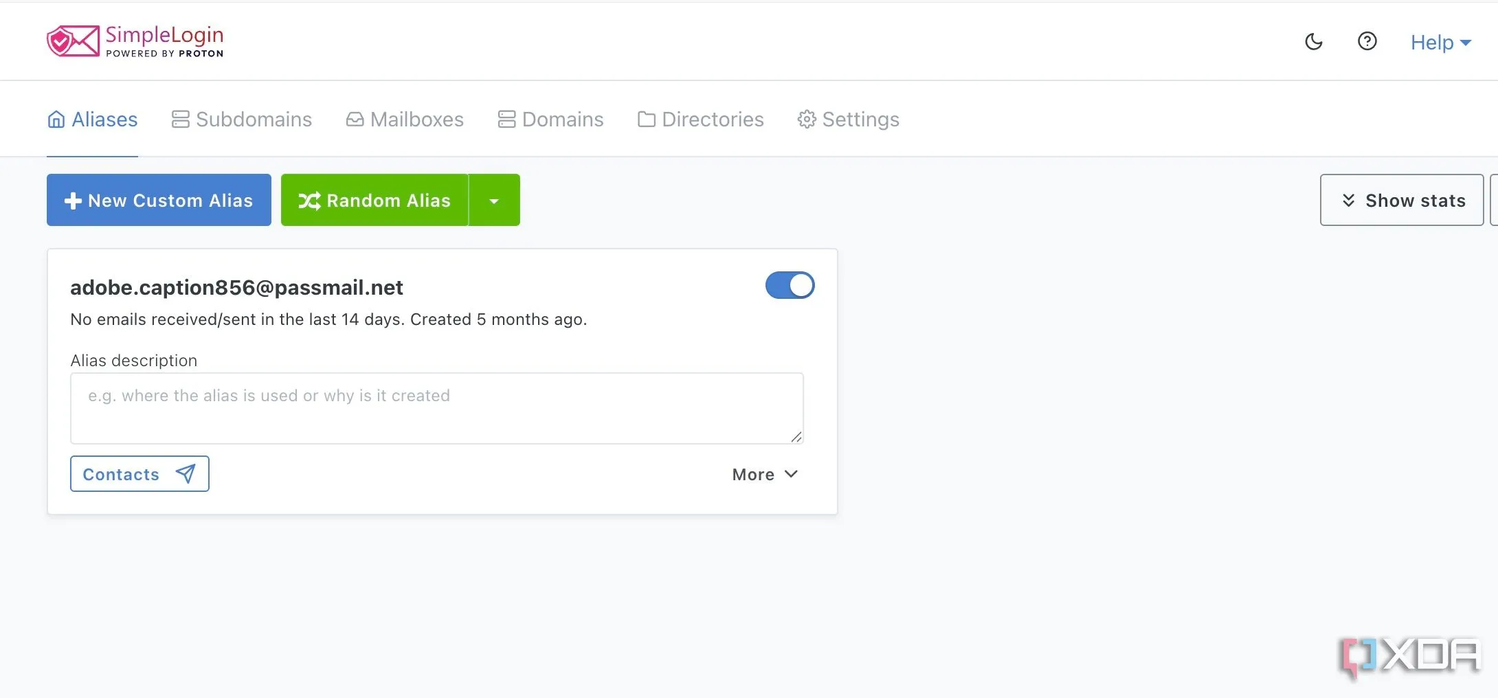 Giao diện SimpleLogin hiển thị danh sách các email alias đã được tạo.