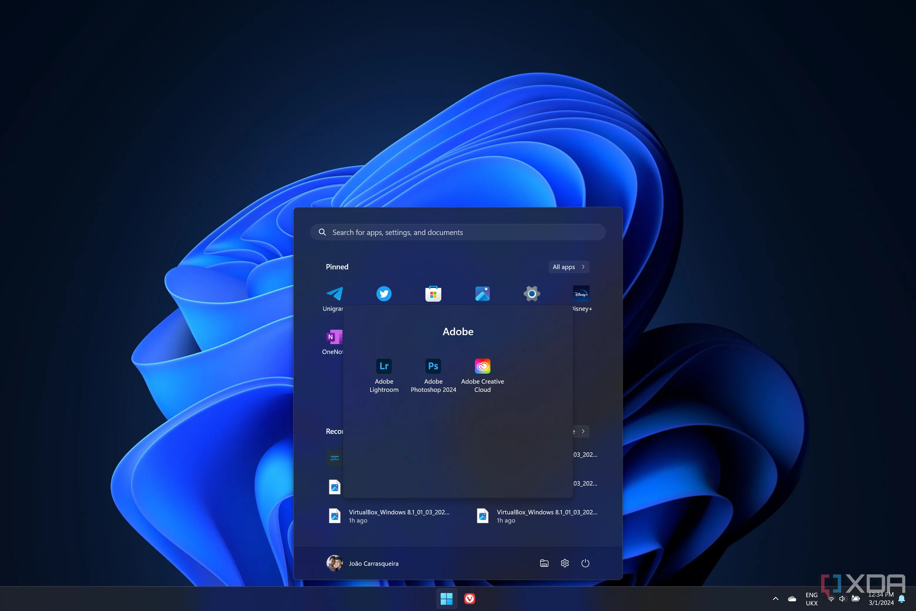 Giao diện Start Menu Windows 11 sau khi đã tắt các đề xuất quảng cáo