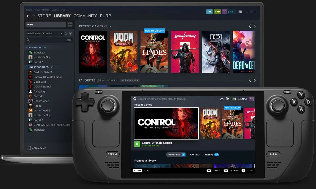 Giao diện Steam trên laptop và SteamOS trên Steam Deck, minh họa sự tiện lợi của hệ sinh thái Valve