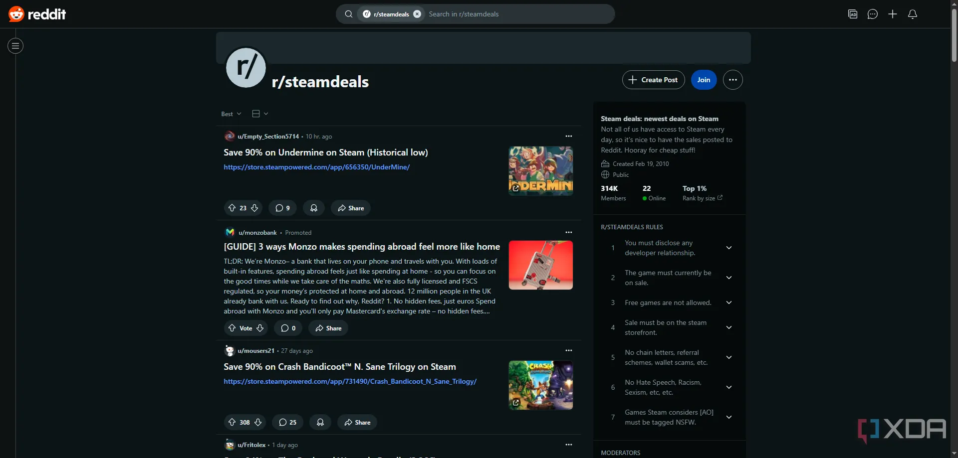 Giao diện subreddit r/SteamDeals hiển thị các bài đăng chia sẻ ưu đãi game Steam nổi bật