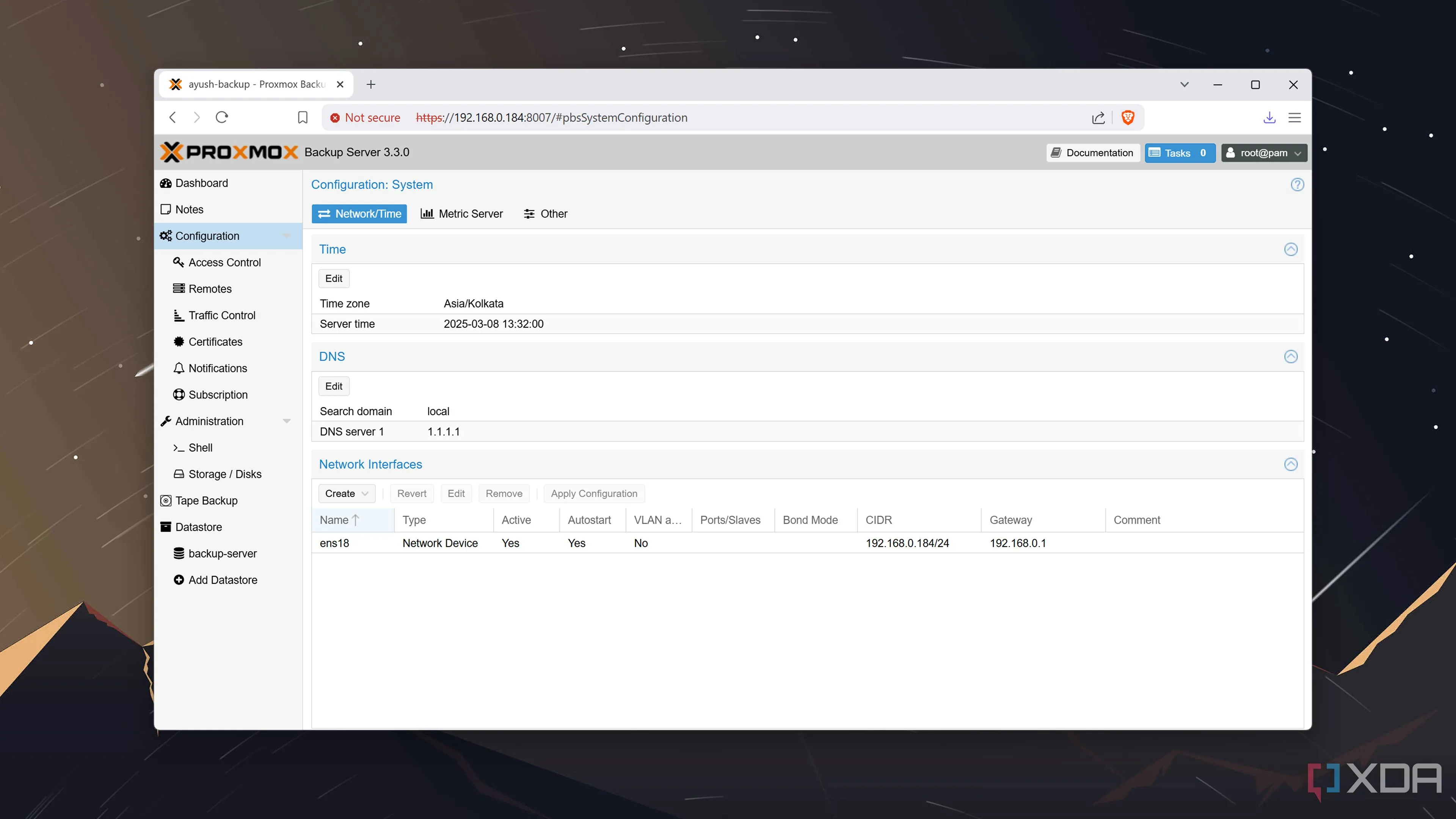 Giao diện tab &quot;Configuration&quot; trong Proxmox Backup Server web UI, nơi quản lý các thiết lập nâng cao
