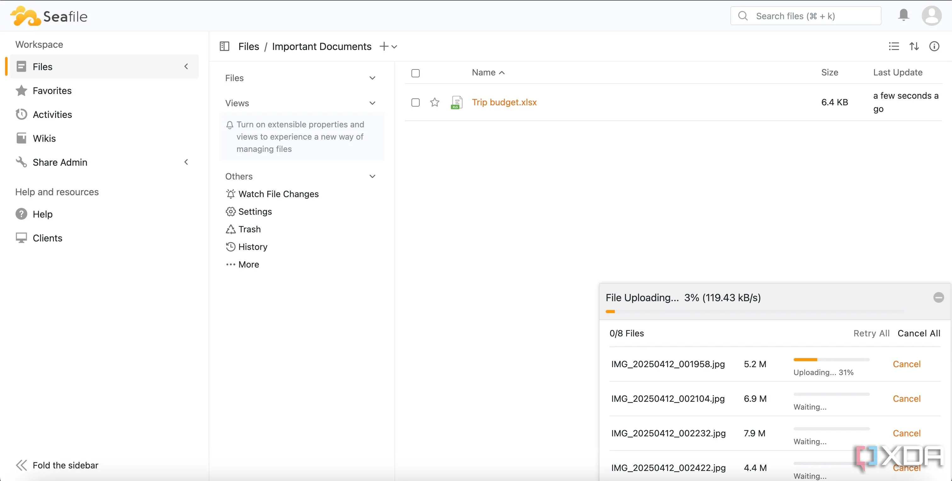 Giao diện tải lên và đồng bộ file trên Seafile, minh họa tính năng block-based sync hiệu quả