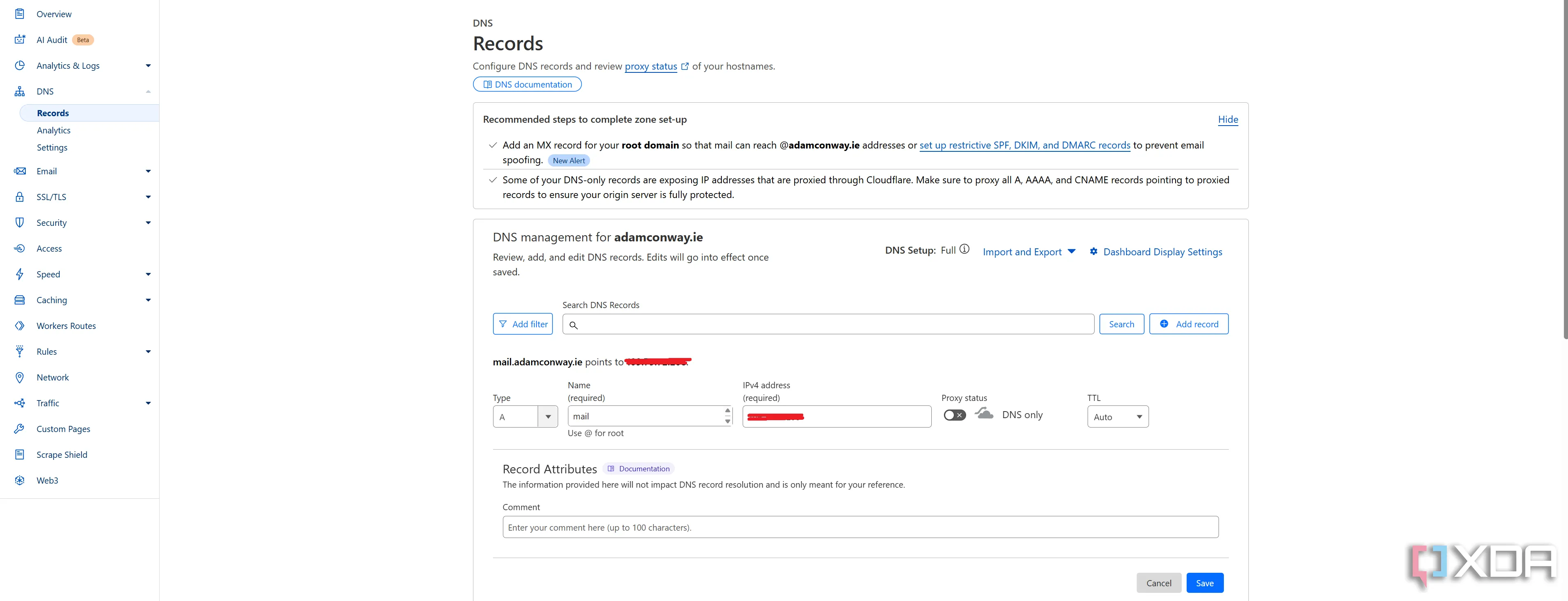 Giao diện tạo bản ghi A (A records) cho hệ thống mail server hoặc NAS, thể hiện việc quản lý DNS