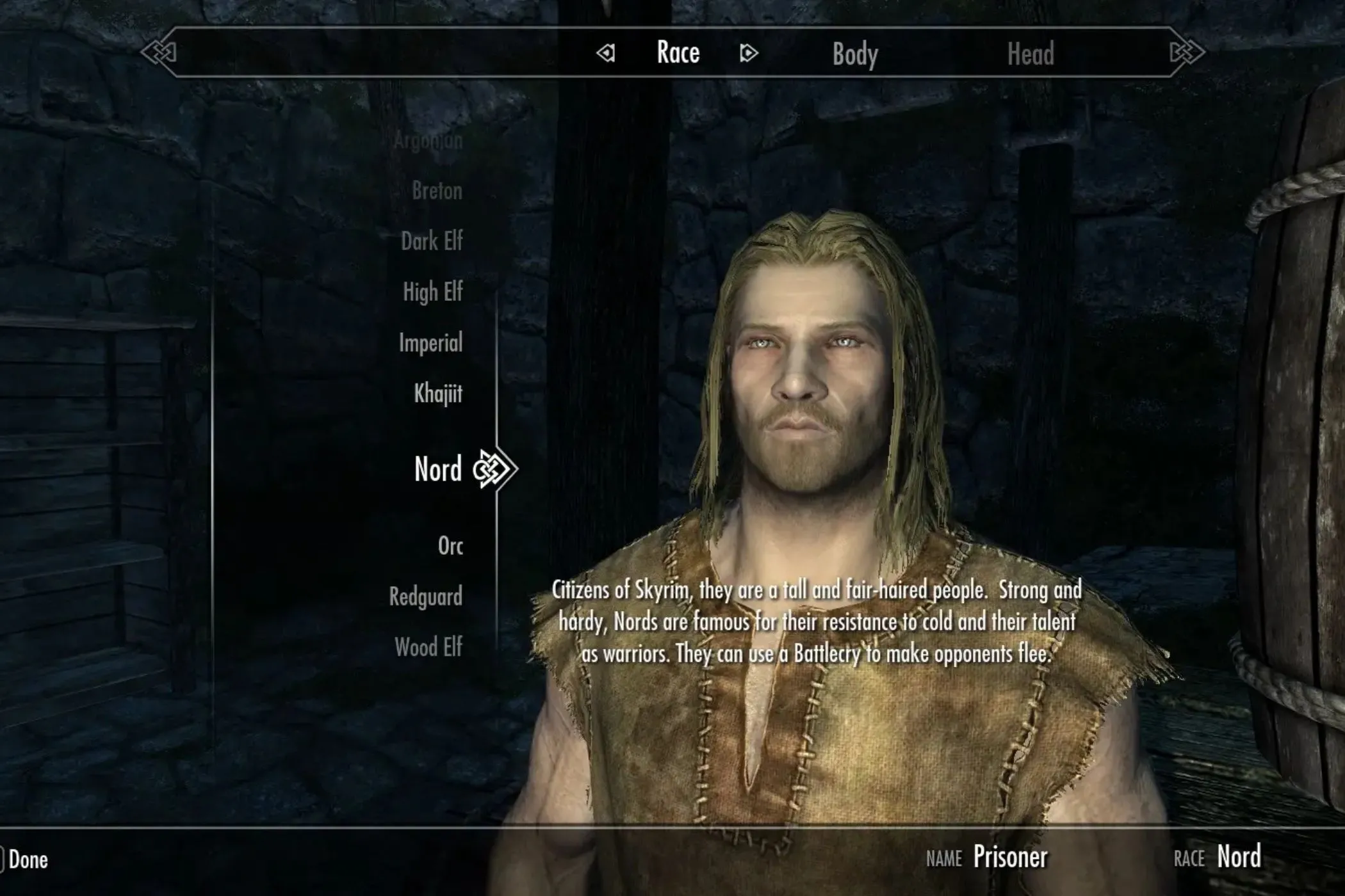 Giao diện tạo nhân vật với mod Alternate Start trong Skyrim, cho phép lựa chọn cuộc sống mới.