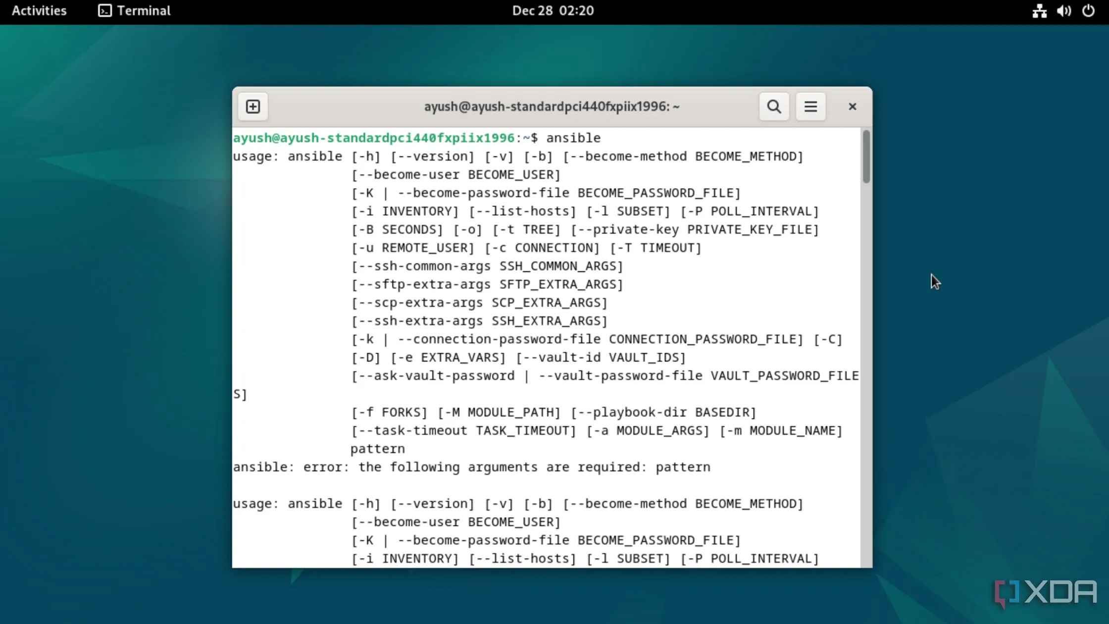 Giao diện terminal hiển thị Ansible đang chạy trong môi trường Debian Linux