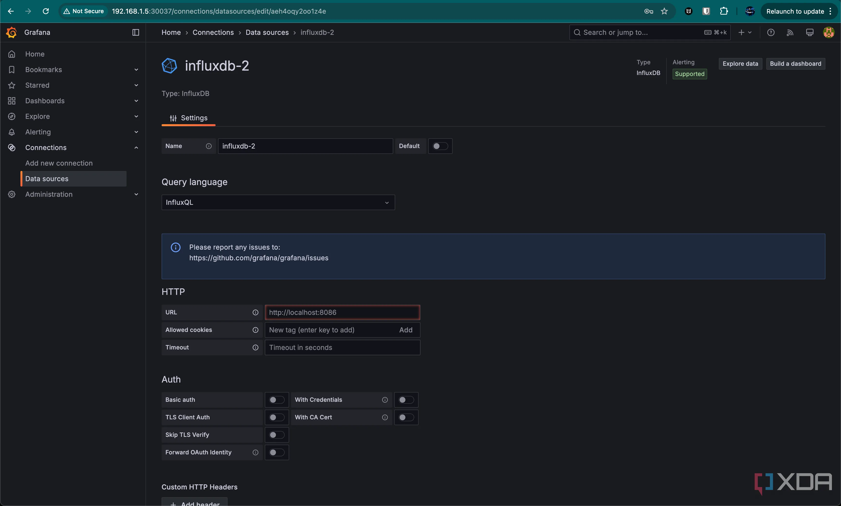 Giao diện thêm nguồn dữ liệu InfluxDB vào Grafana, hiển thị các trường cài đặt kết nối.