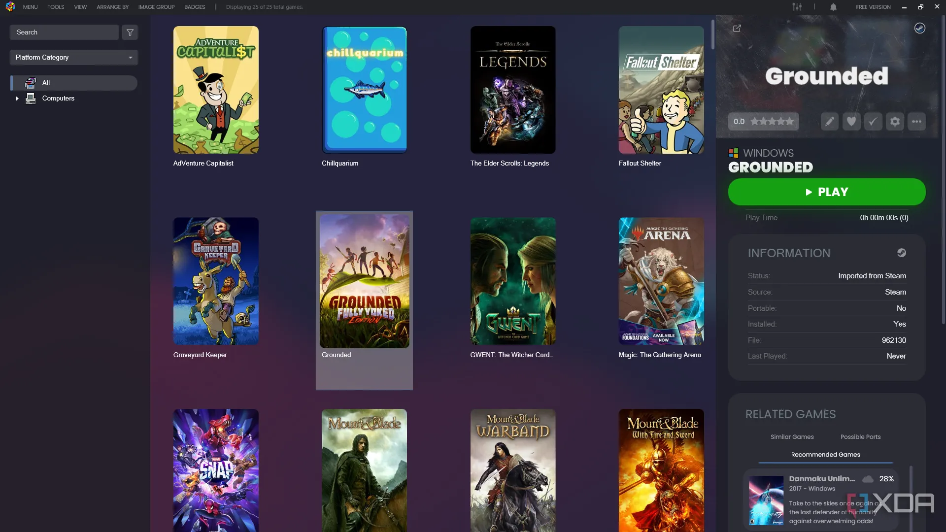 Giao diện thư viện game LaunchBox với các bìa game được sắp xếp khoa học