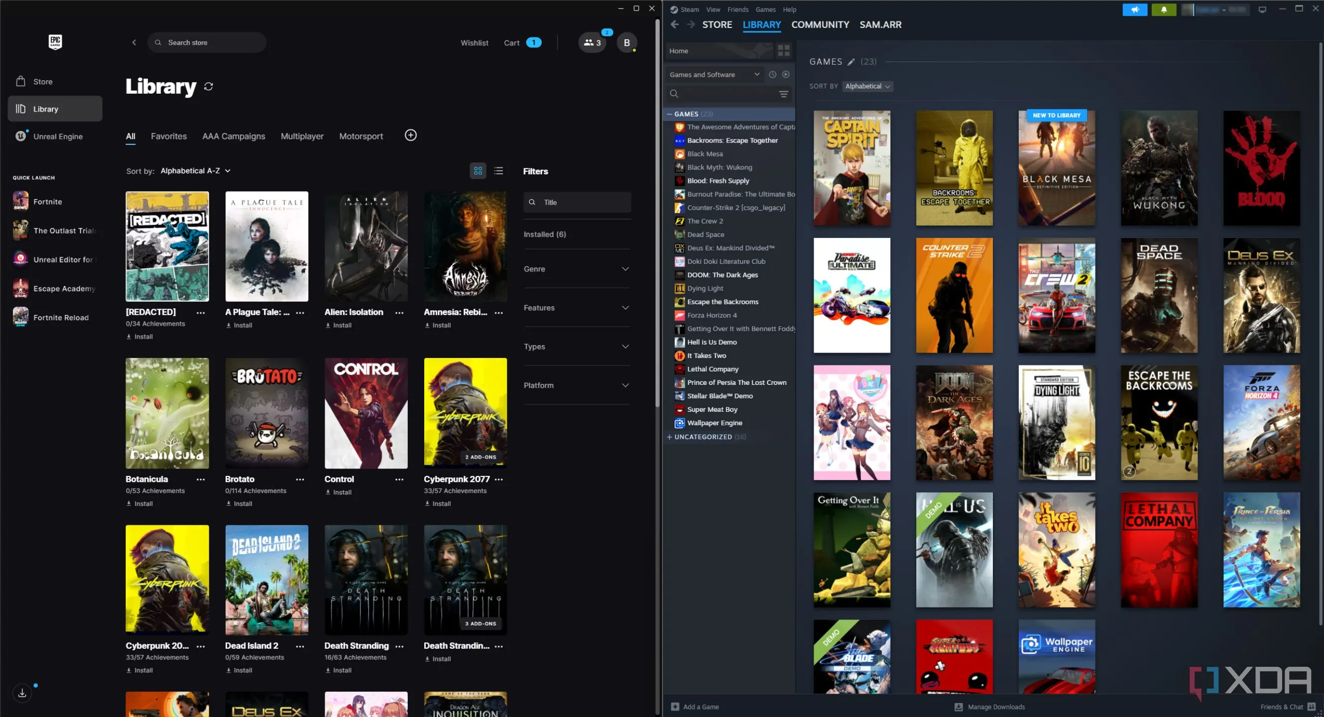 Giao diện thư viện game Steam và Epic Games Store cạnh nhau, minh họa khả năng hợp nhất các nền tảng game trên một thiết bị duy nhất.