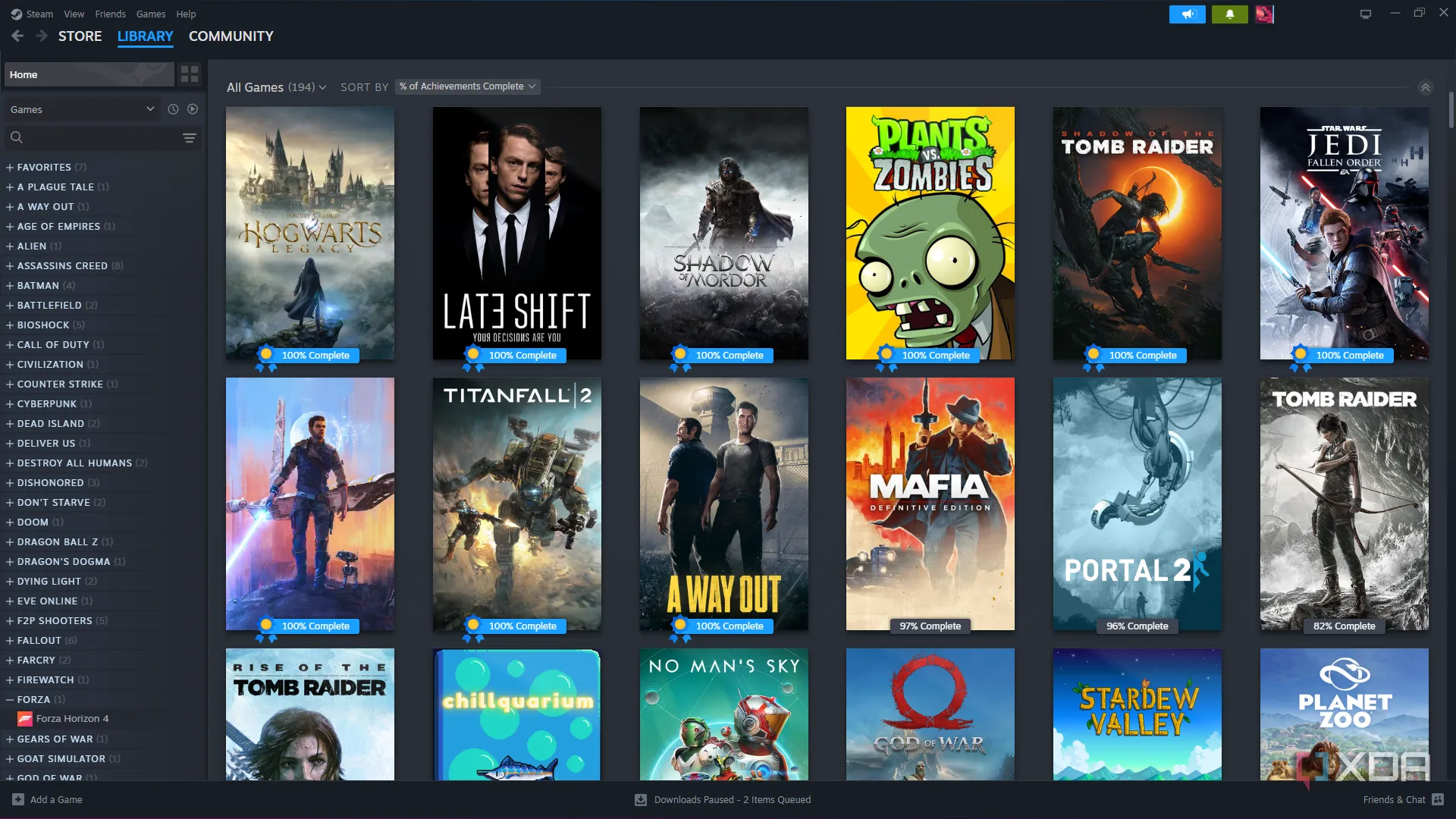 Giao diện thư viện game Steam với các tựa game được sắp xếp khoa học, thể hiện trải nghiệm người dùng trên nền tảng này.