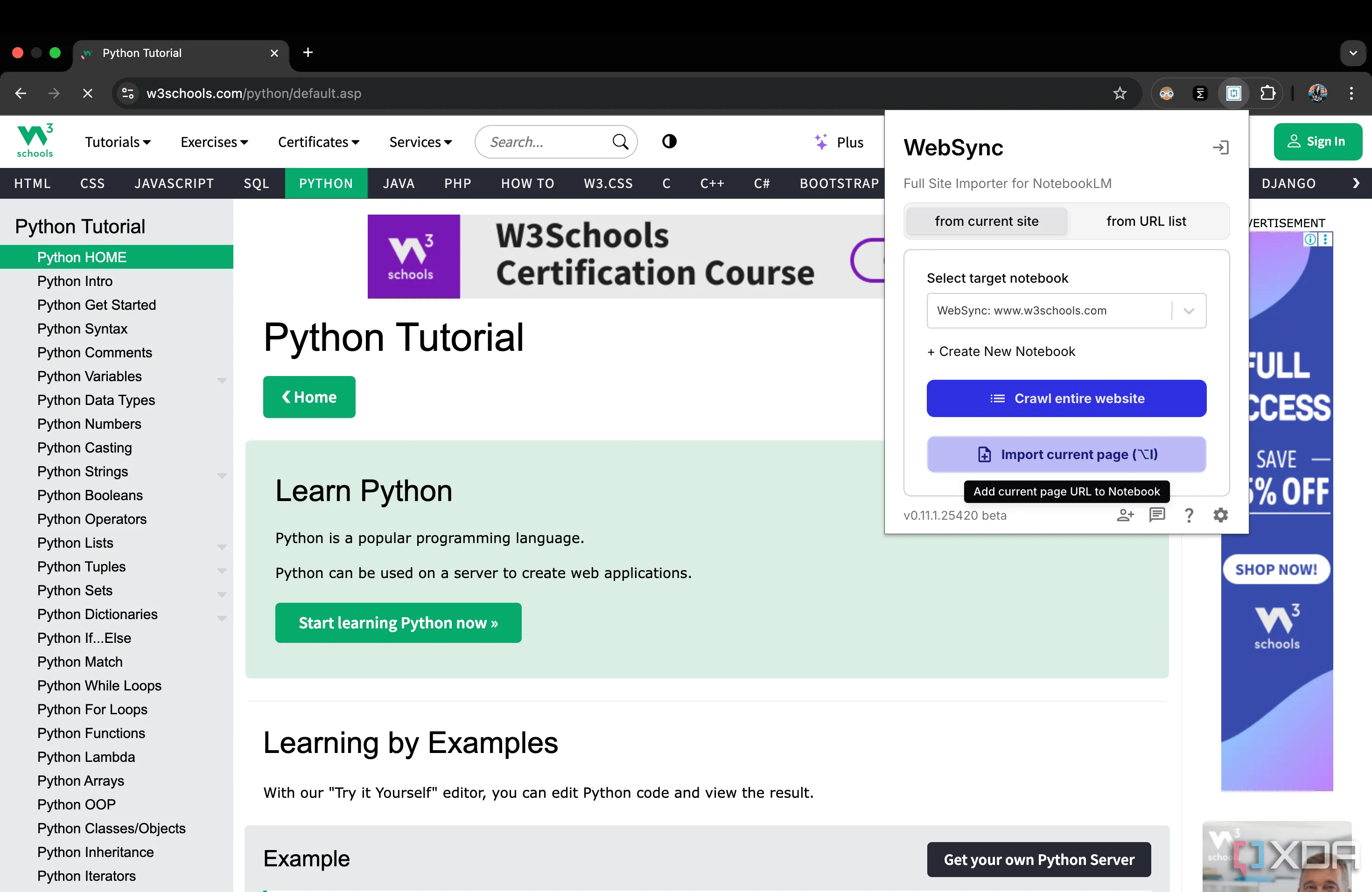 Giao diện tiện ích WebSync Chrome đang nhập trang web hiện tại vào Google NotebookLM