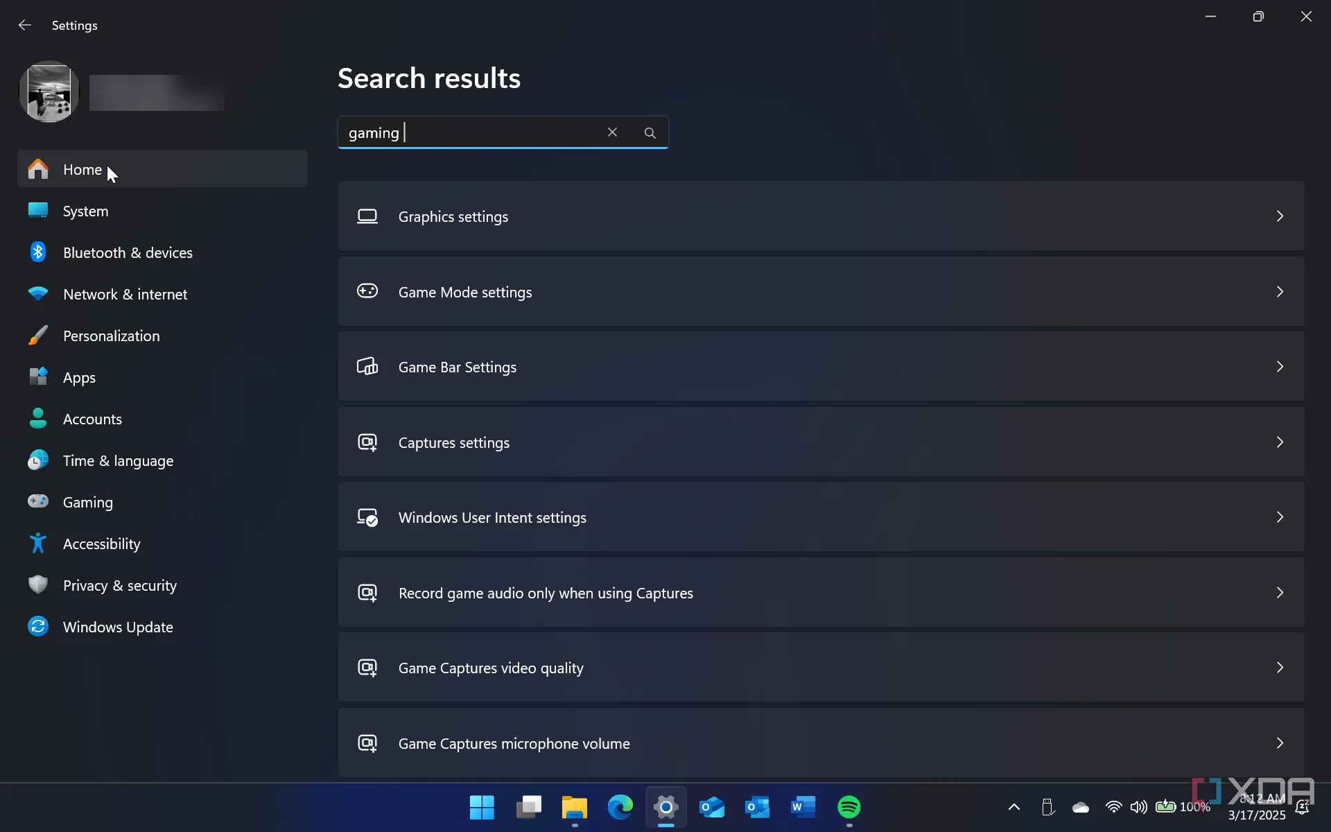 Giao diện tìm kiếm cài đặt Gaming Captures trên ứng dụng Cài đặt Windows 11