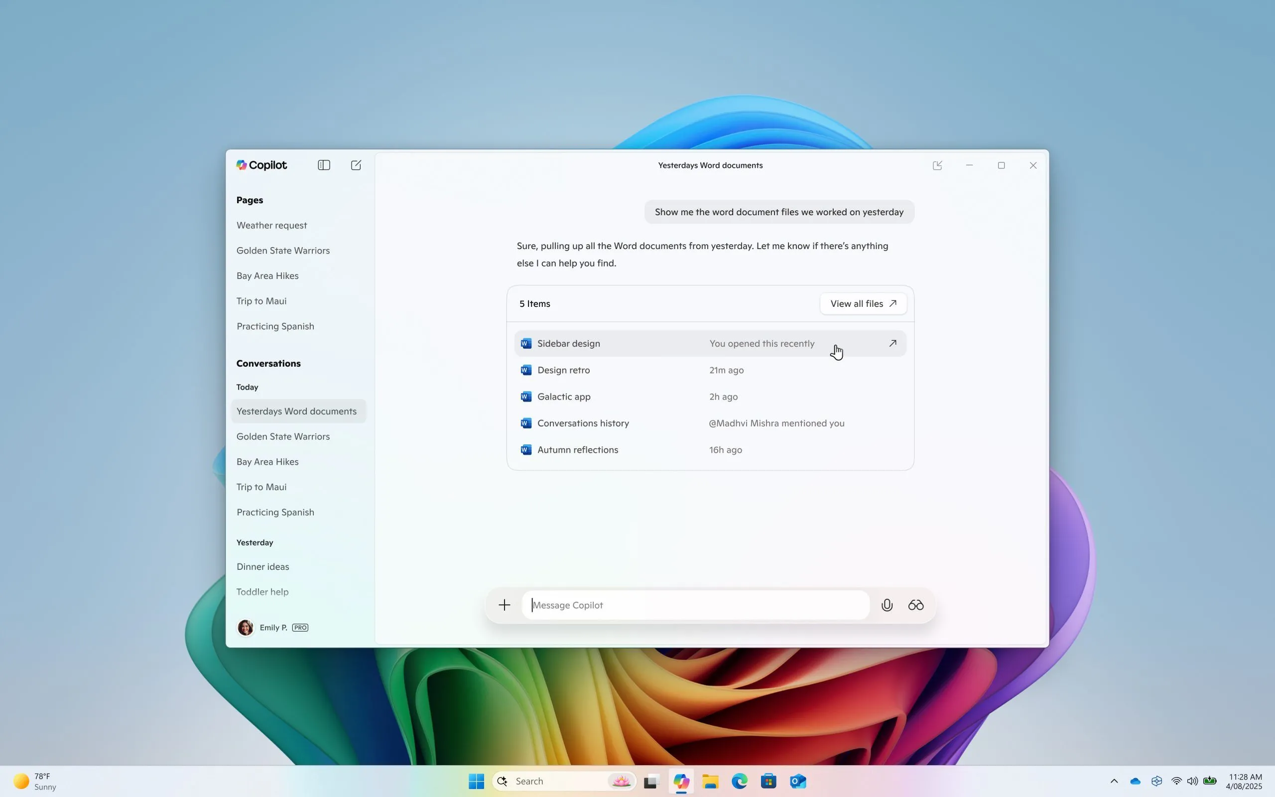 Giao diện tìm kiếm tệp tin qua Microsoft Copilot trên Windows