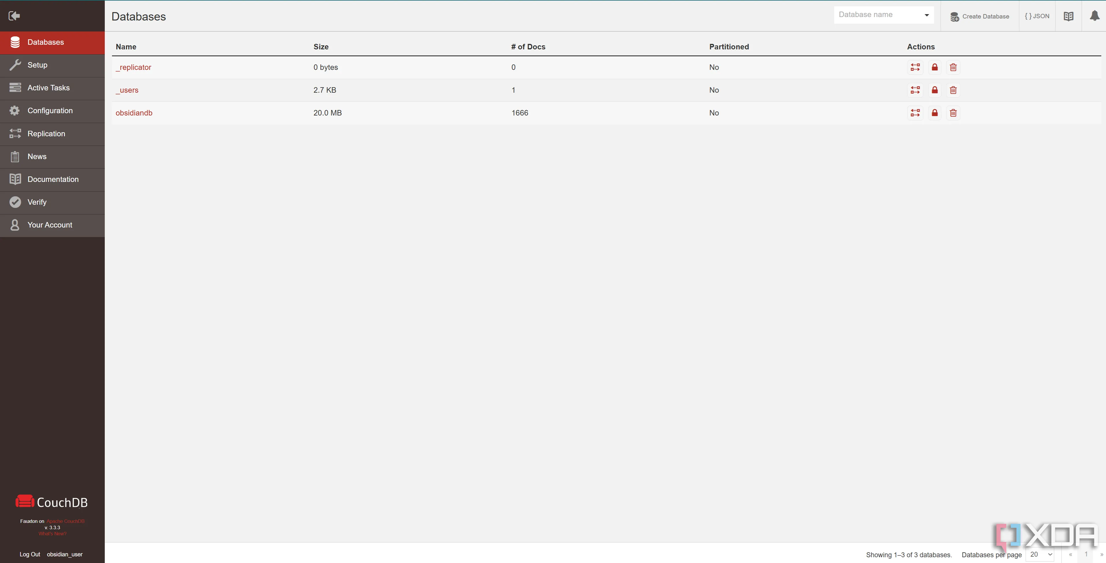 Giao diện trang chủ quản lý CouchDB sau khi đăng nhập, hiển thị các database