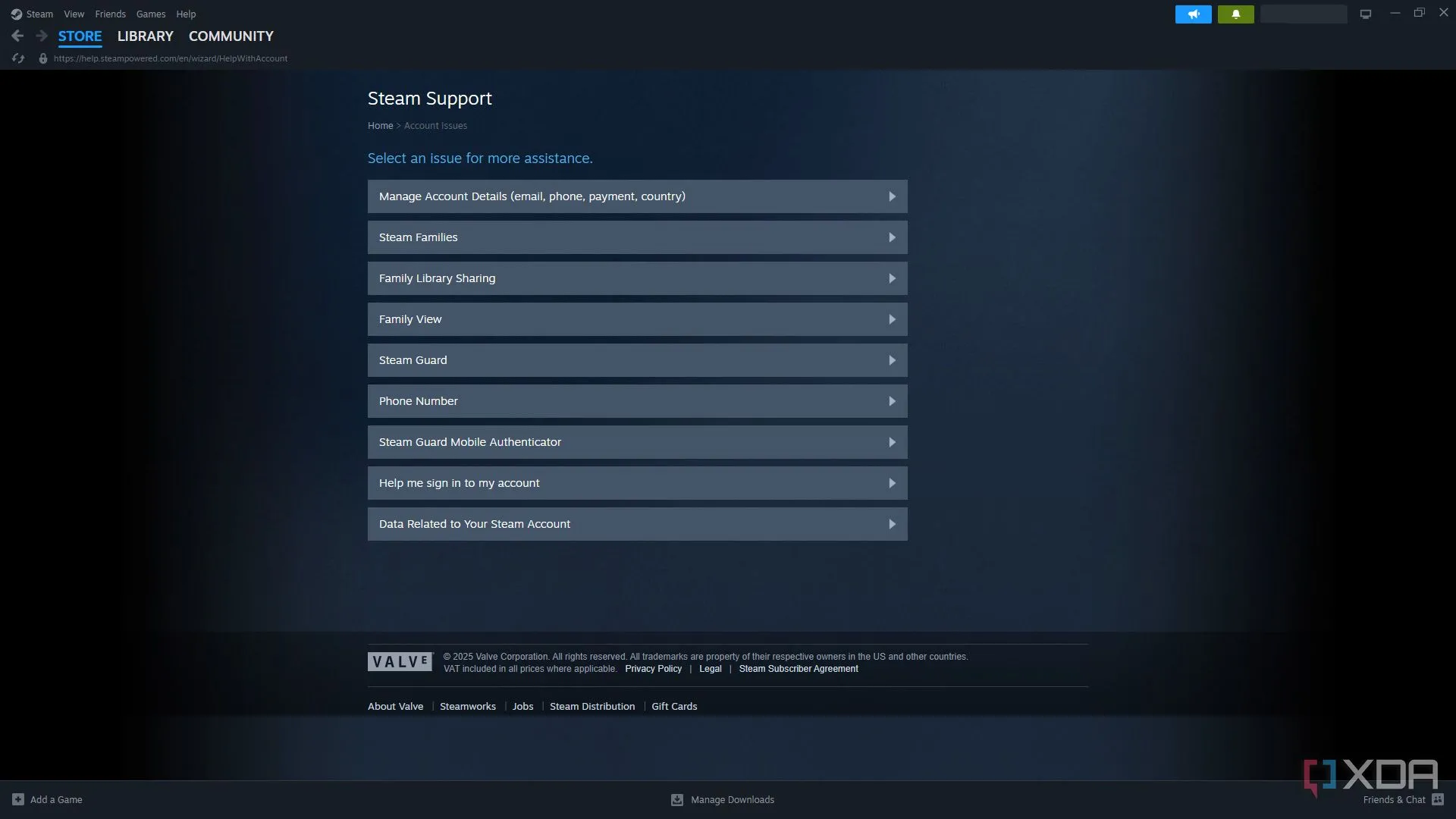 Giao diện trang hỗ trợ của Steam với các tùy chọn đa dạng giúp người dùng giải quyết vấn đề