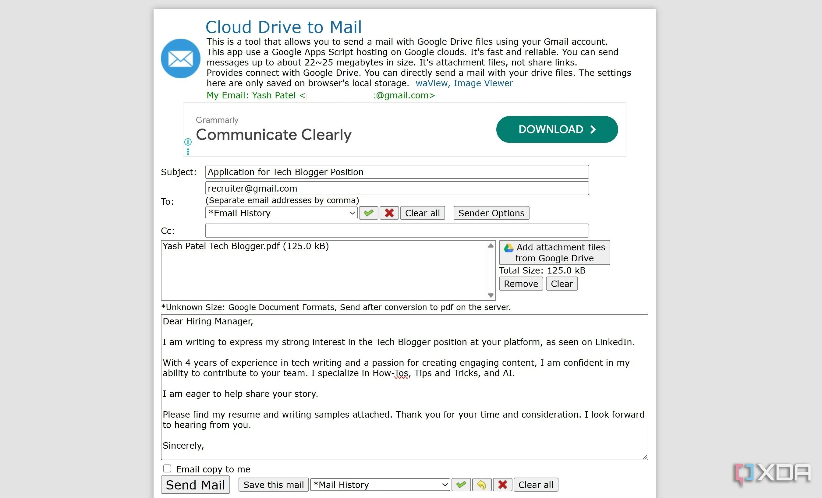Giao diện trình soạn thảo của Cloud to Email, cho phép người dùng soạn email và đính kèm tệp từ Google Drive