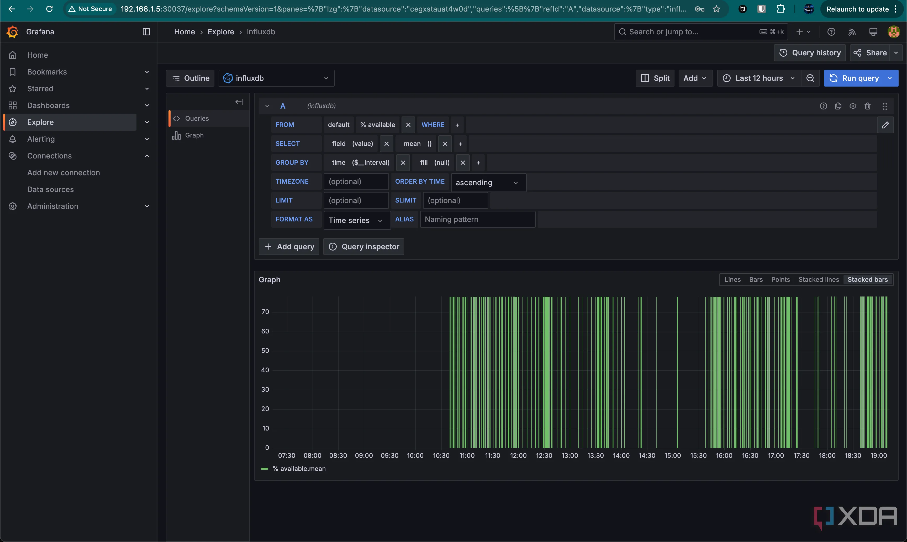 Giao diện trình xây dựng truy vấn InfluxQL trong Grafana, minh họa cách chọn trường dữ liệu và bộ lọc.