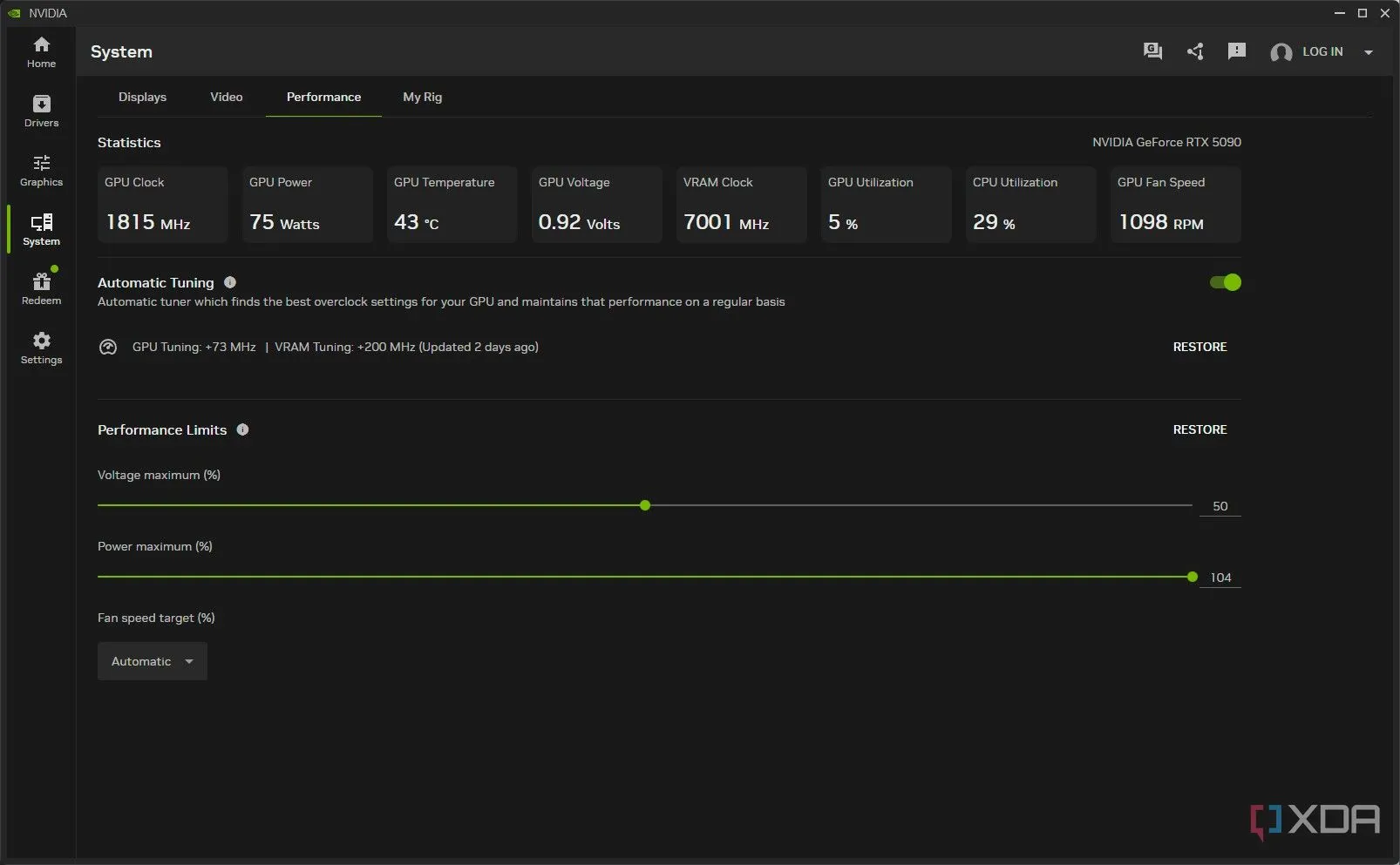 Giao diện tự động điều chỉnh hiệu năng trong Nvidia App