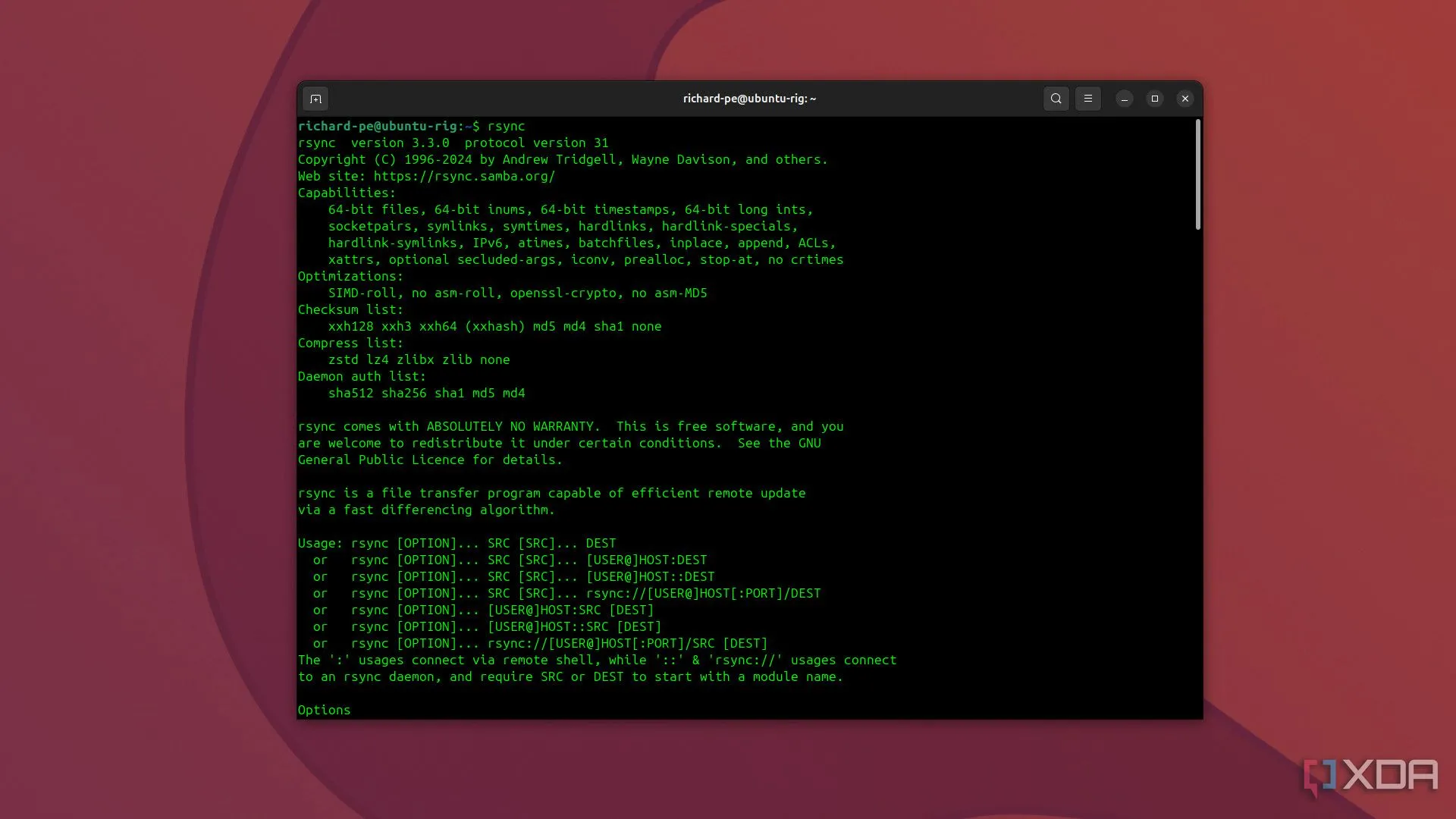 Giao diện Ubuntu 24.10 hiển thị lệnh Rsync đang chạy để đồng bộ hóa và sao lưu dữ liệu