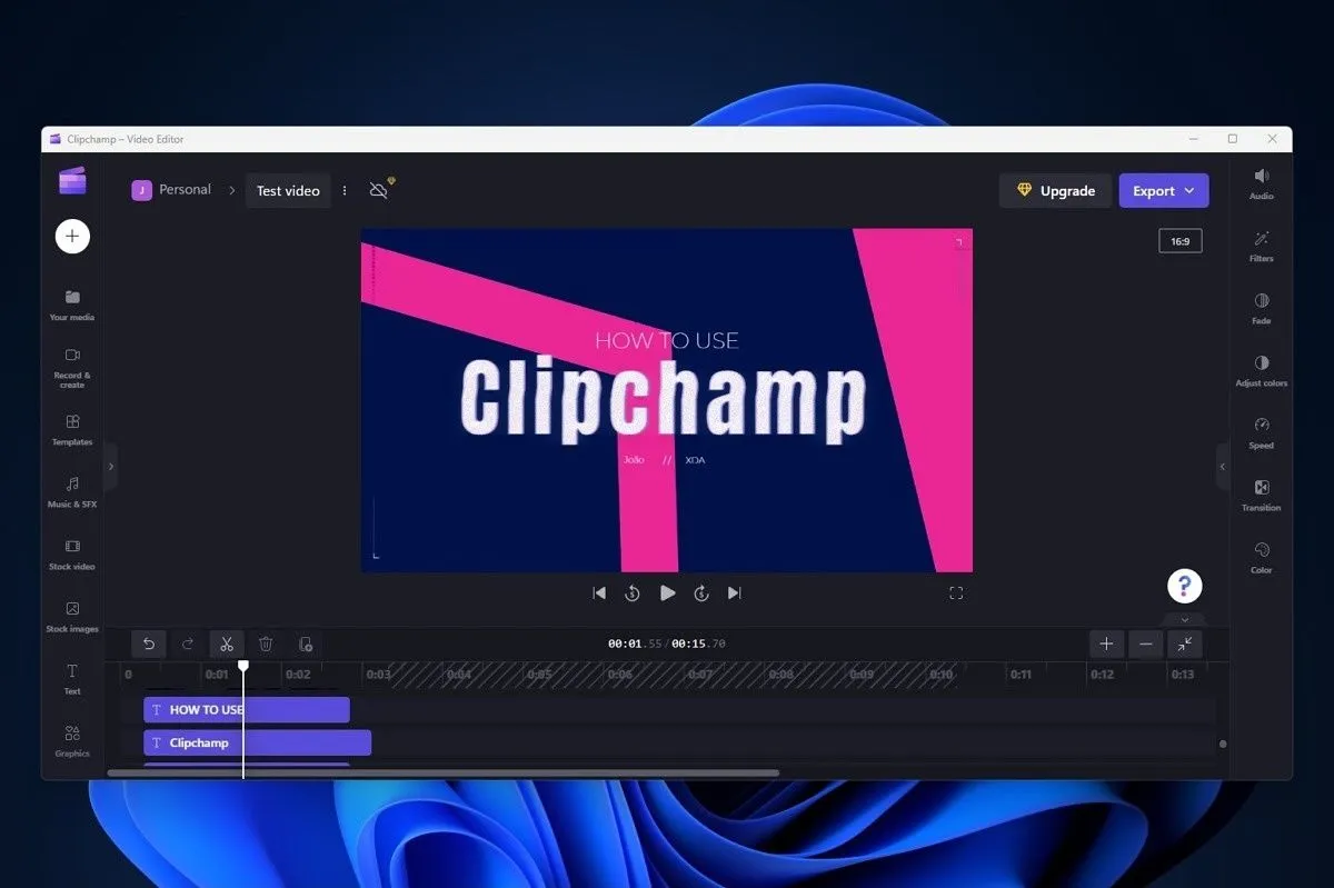 Giao diện ứng dụng chỉnh sửa video Clipchamp trên nền desktop Windows 11.