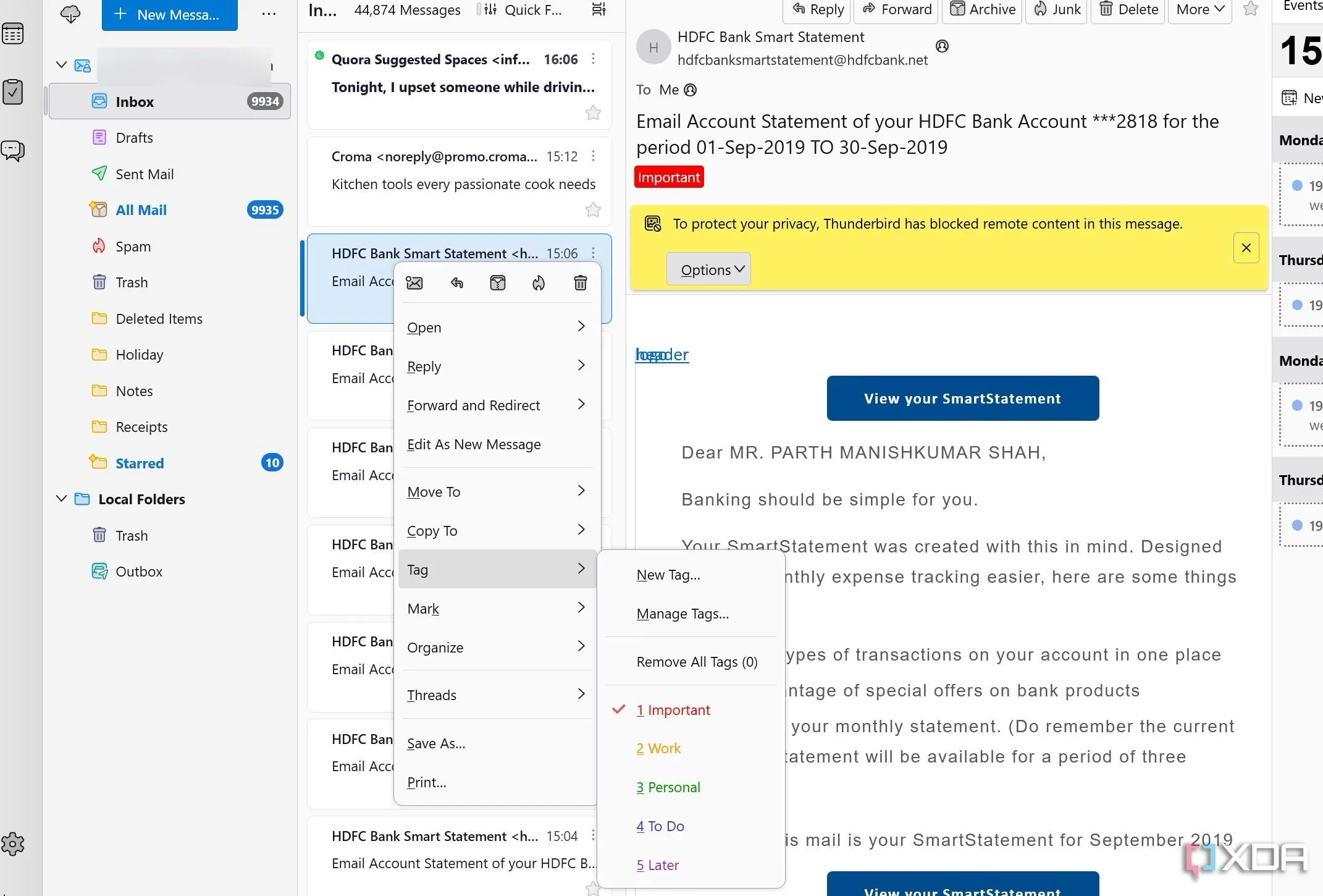 Giao diện ứng dụng email Thunderbird với tính năng quản lý tag hiệu quả
