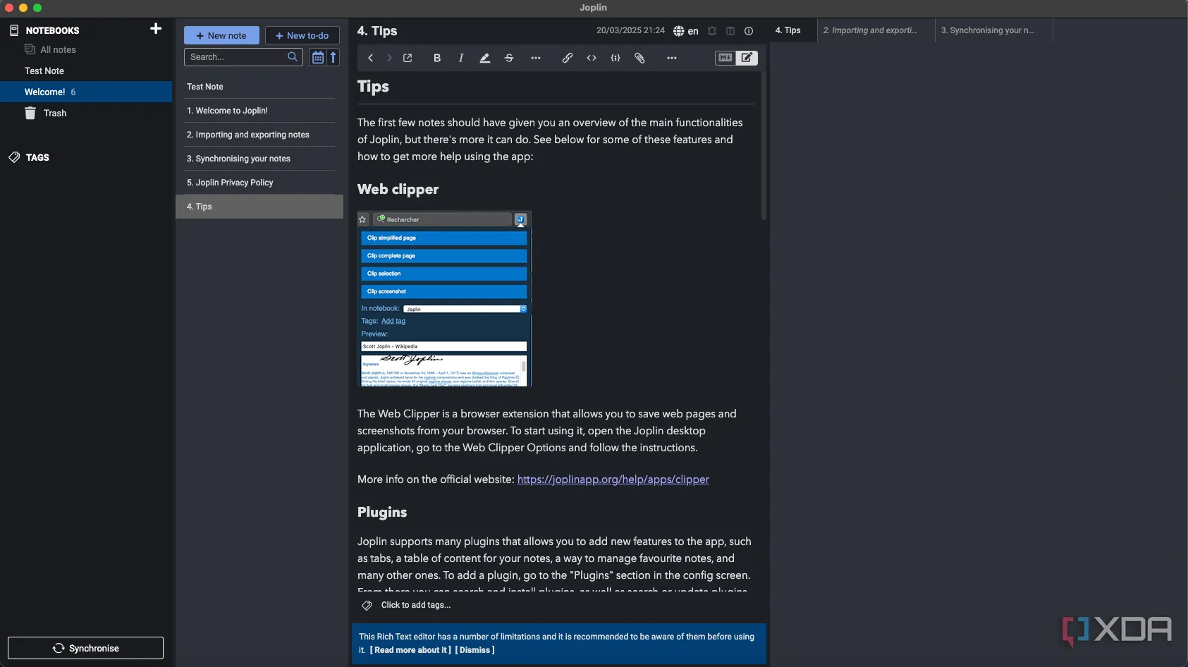 Giao diện ứng dụng ghi chú Joplin với plugin Note Tabs trên macOS