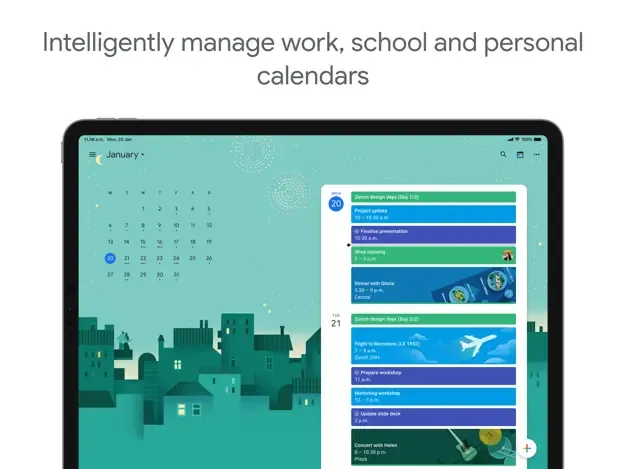 Giao diện ứng dụng Google Calendar trên iPad, minh họa khả năng đồng bộ Google Tasks với lịch biểu.