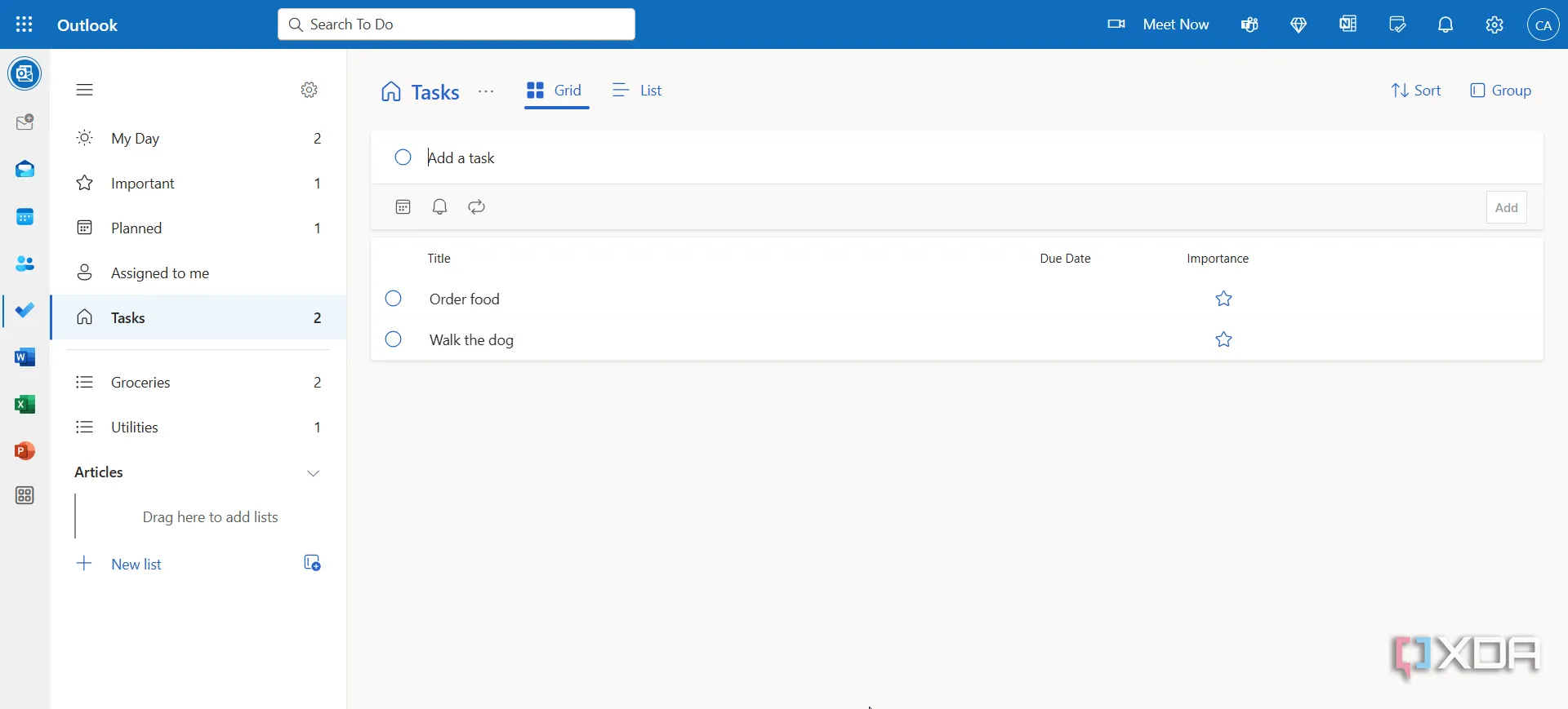 Giao diện ứng dụng Microsoft To Do hiển thị các tác vụ được đồng bộ trong Outlook.com, minh họa khả năng tích hợp hệ sinh thái Microsoft.