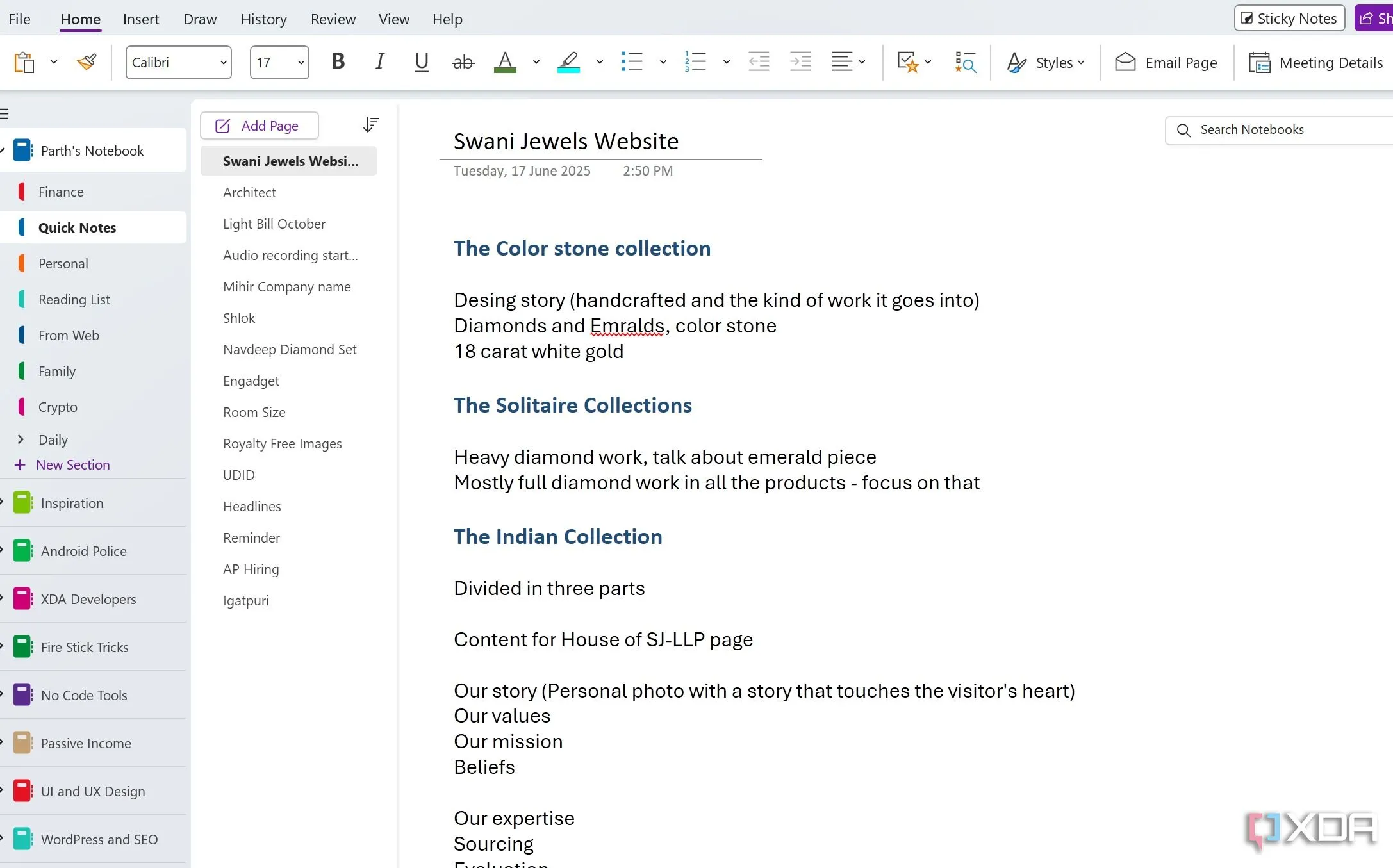 Giao diện ứng dụng OneNote trên Windows với các phần và trang ghi chú